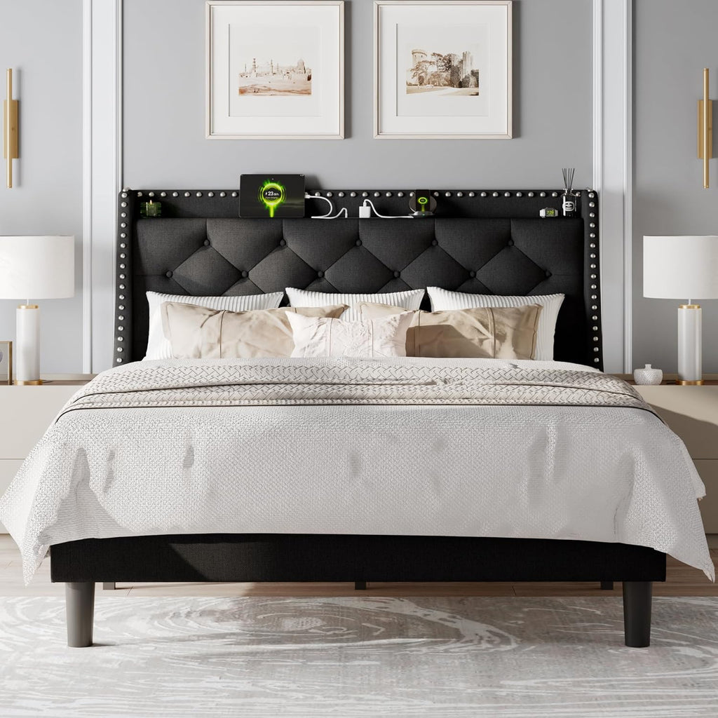 Feonase Bed Frame with Luxury Wingback and Charging Station