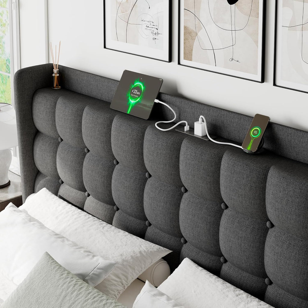 Feonase Bed Frame with Charging Station, Upholstered Platform Frame with Wingback Storage Headboard