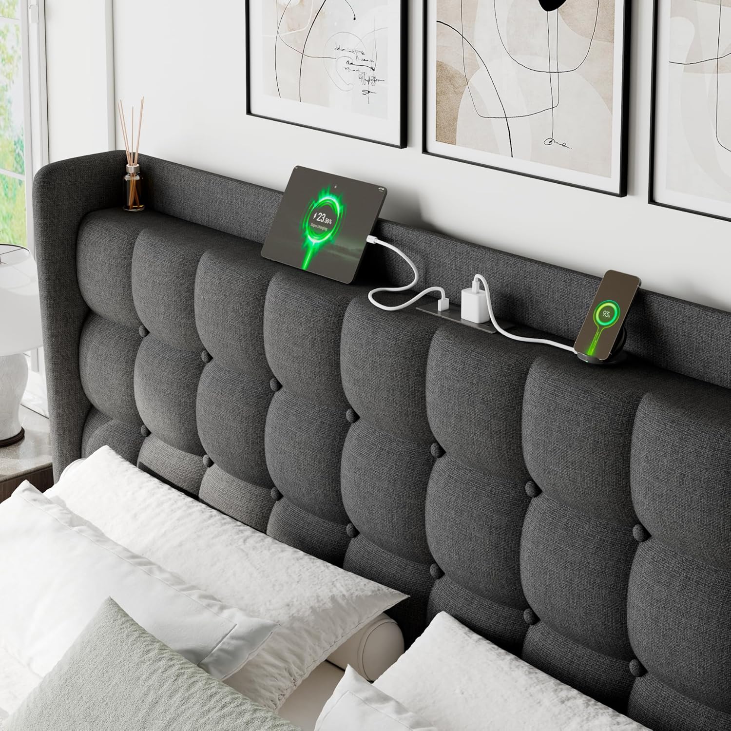 Feonase Bed Frame with Charging Station, Upholstered Platform Frame with Wingback Storage Headboard