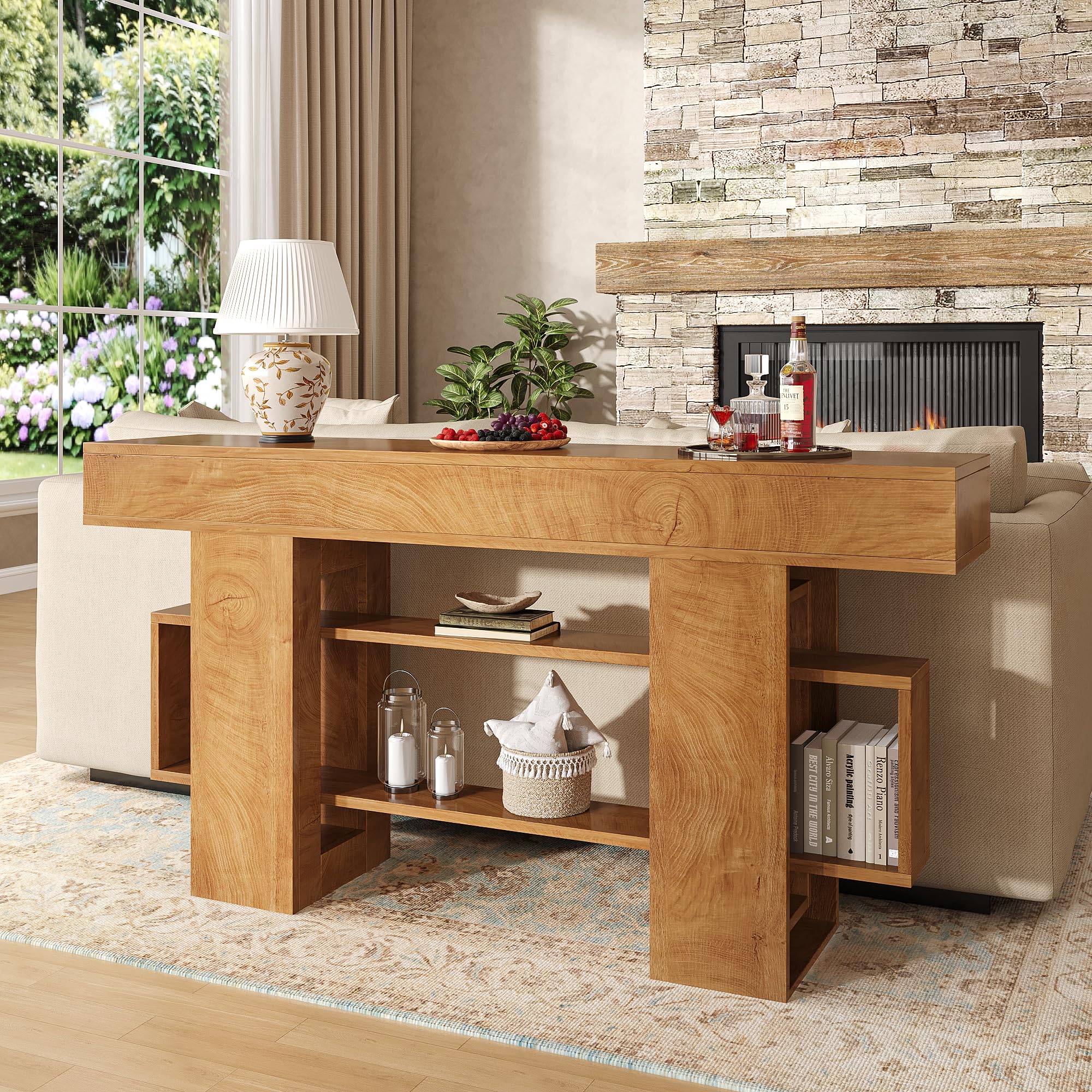 Feonase 63 Inches Long Console Table for Entryway, Wooden Sofa Table Behind Couch with 3-Tier Storage, Farmhouse Narrow Entry Hallway Table for Living Room Foyer Entrance, Rustic Brown
