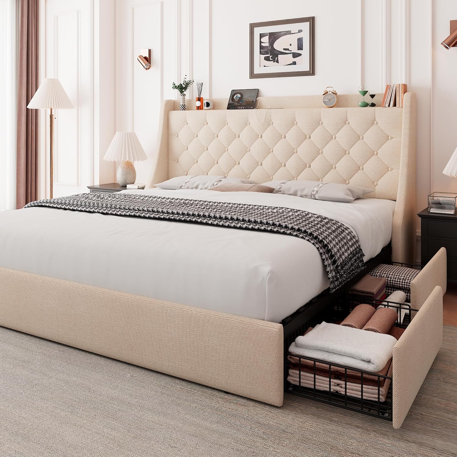 Feonase Bed Frame with 4 Storage Drawers