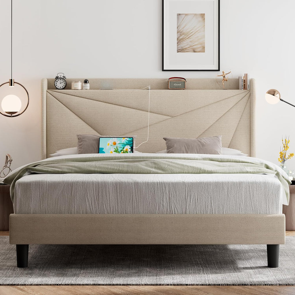 Feonase King Size Bed Frame, Modern Bed Frame with Charging Station