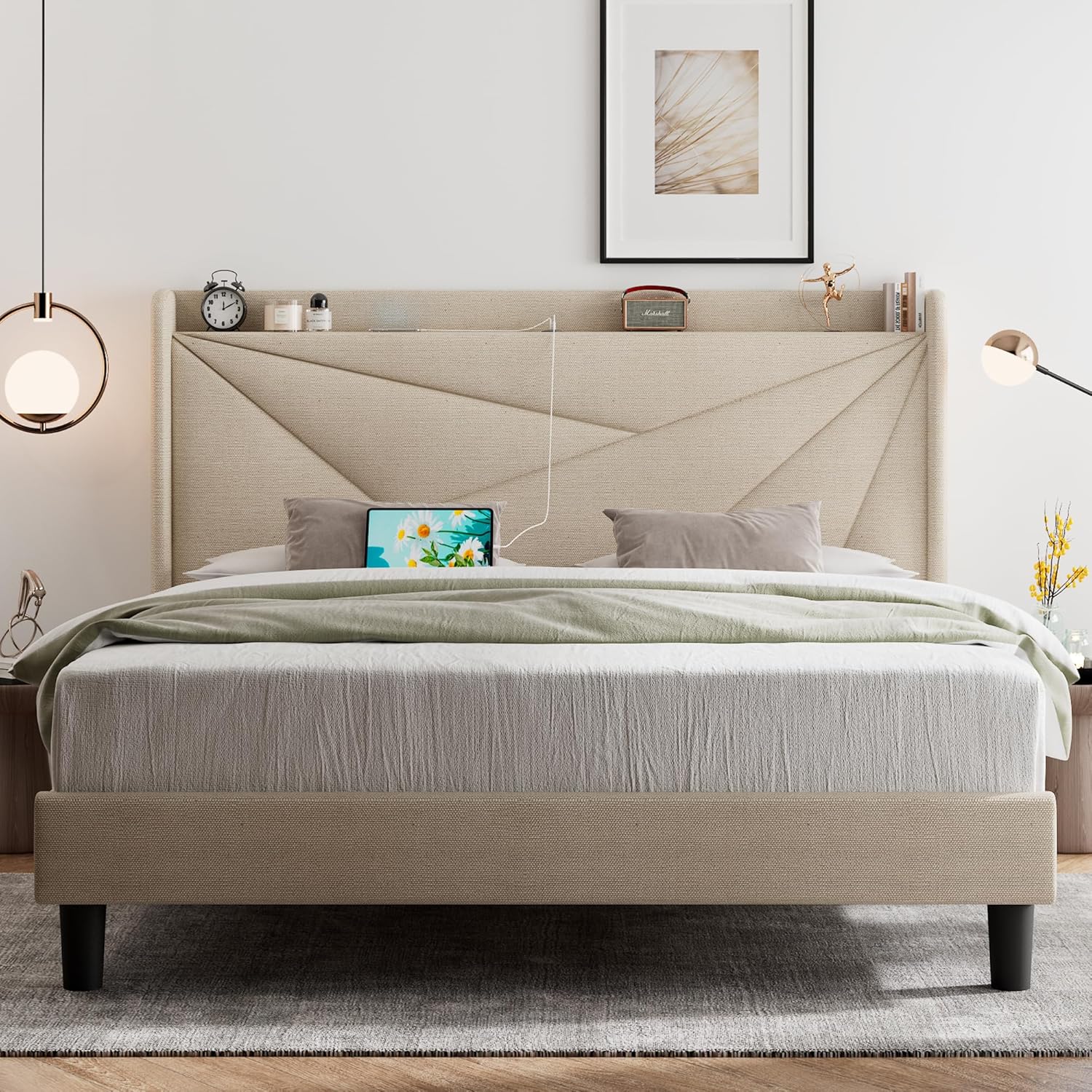 Feonase King Size Bed Frame, Modern Bed Frame with Charging Station