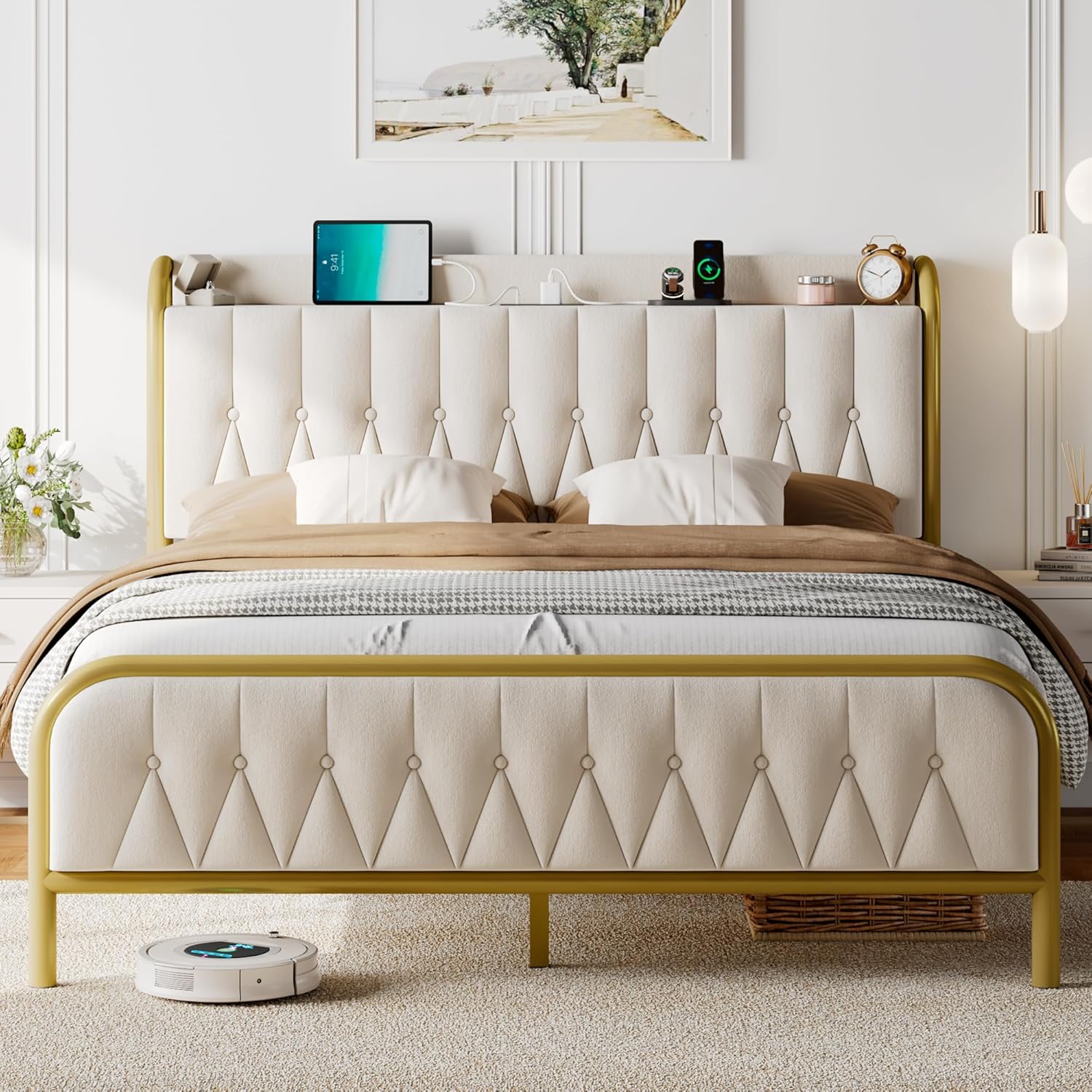 Feonase Leather Bed Frame with Fast Charging Station