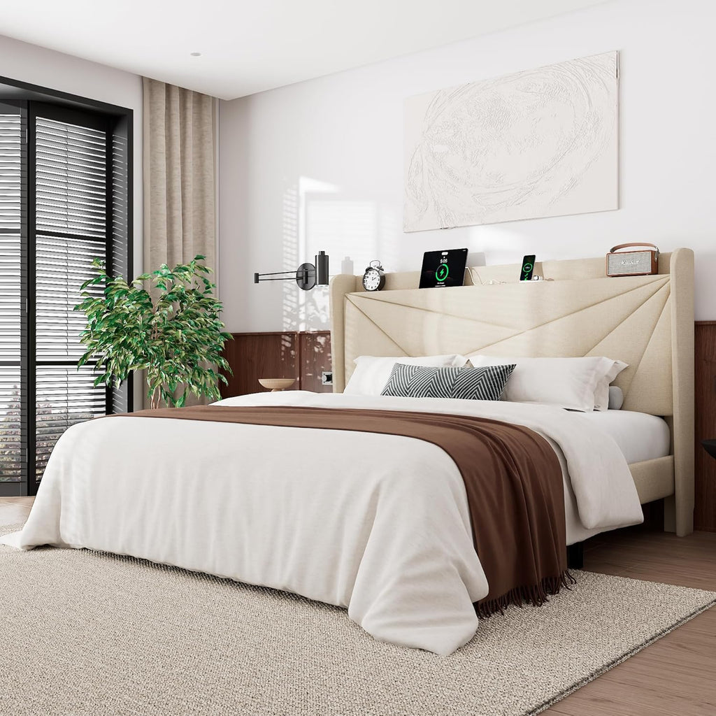 Feonase King Size Bed Frame, Modern Bed Frame with Charging Station