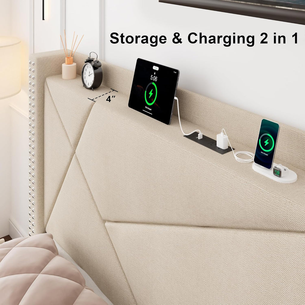 Feonase Platform Bed Frame with 4 Storage Drawers and Charging Station