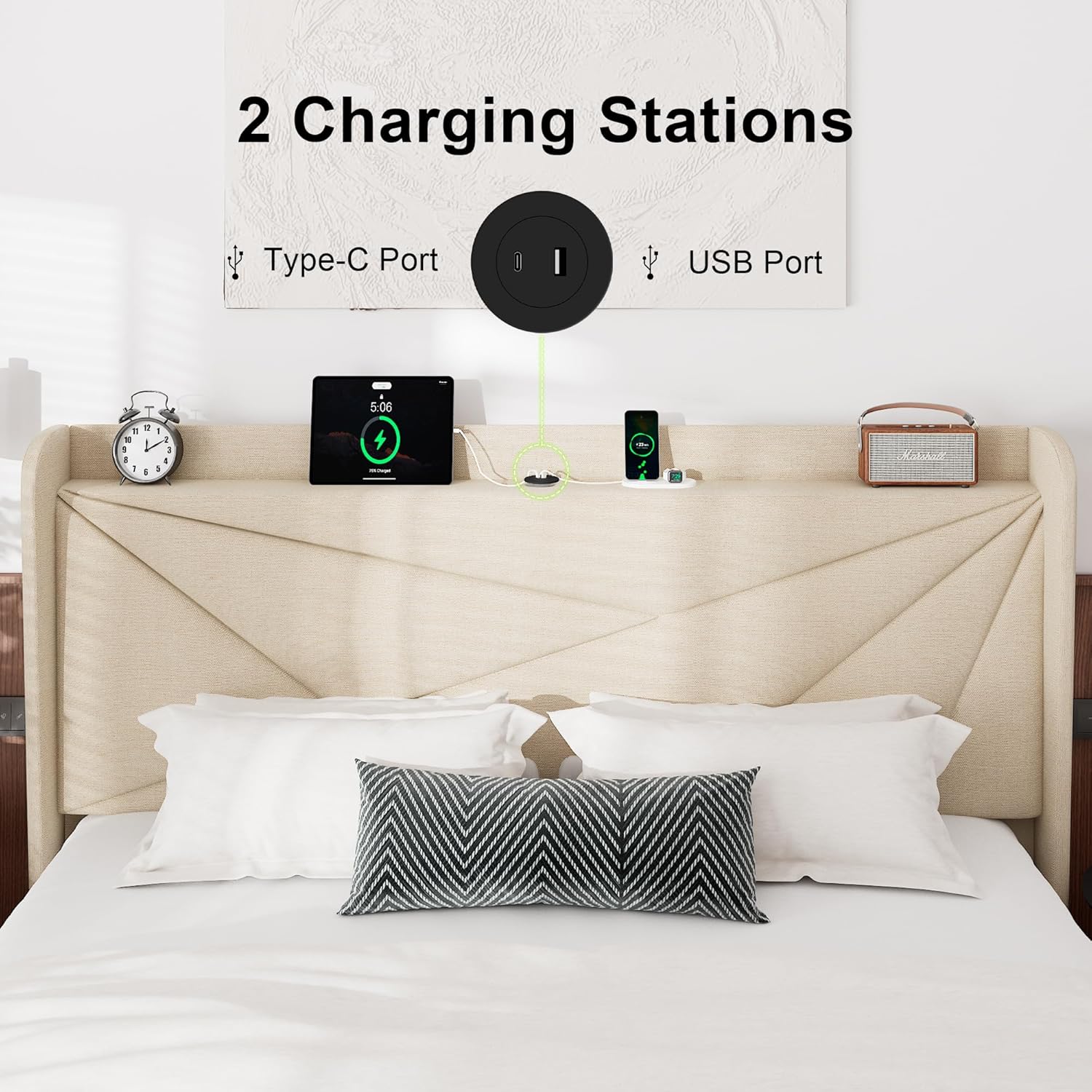 Feonase King Size Bed Frame, Modern Bed Frame with Charging Station