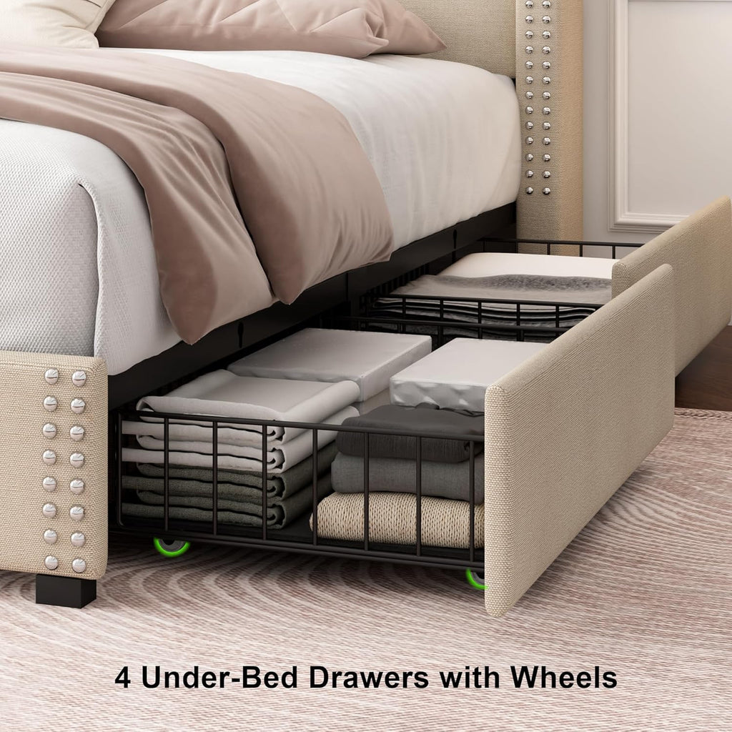 Feonase Platform Bed Frame with 4 Storage Drawers and Charging Station