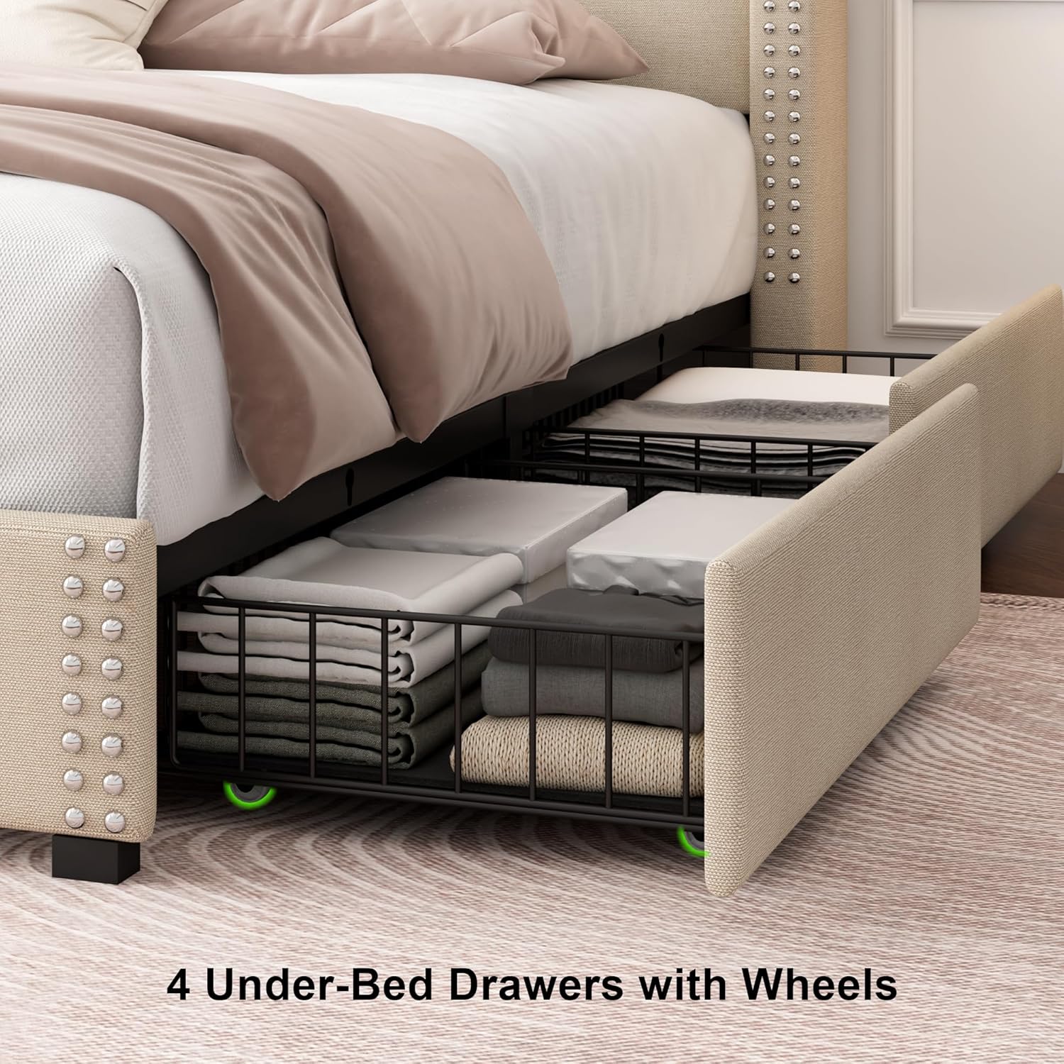 Feonase Platform Bed Frame with 4 Storage Drawers and Charging Station