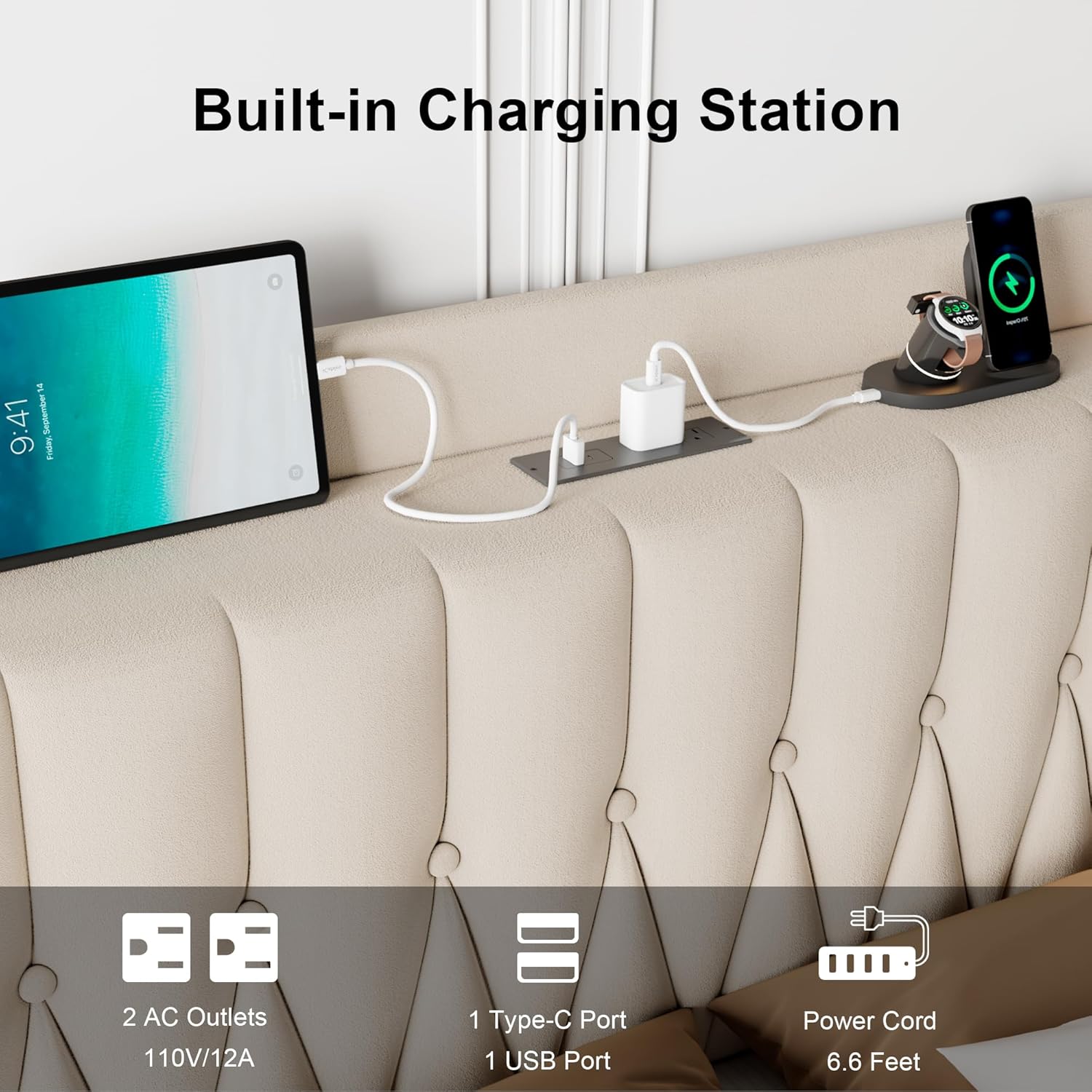 Feonase Leather Bed Frame with Fast Charging Station