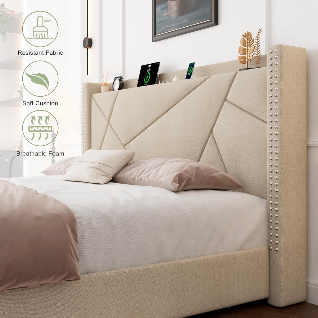Feonase Platform Bed Frame with 4 Storage Drawers and Charging Station
