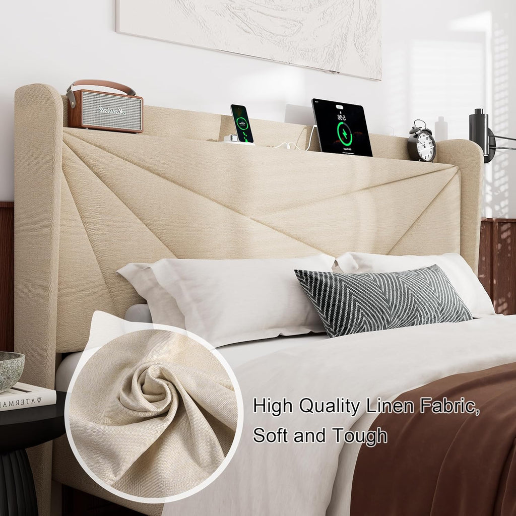 Feonase King Size Bed Frame, Modern Bed Frame with Charging Station