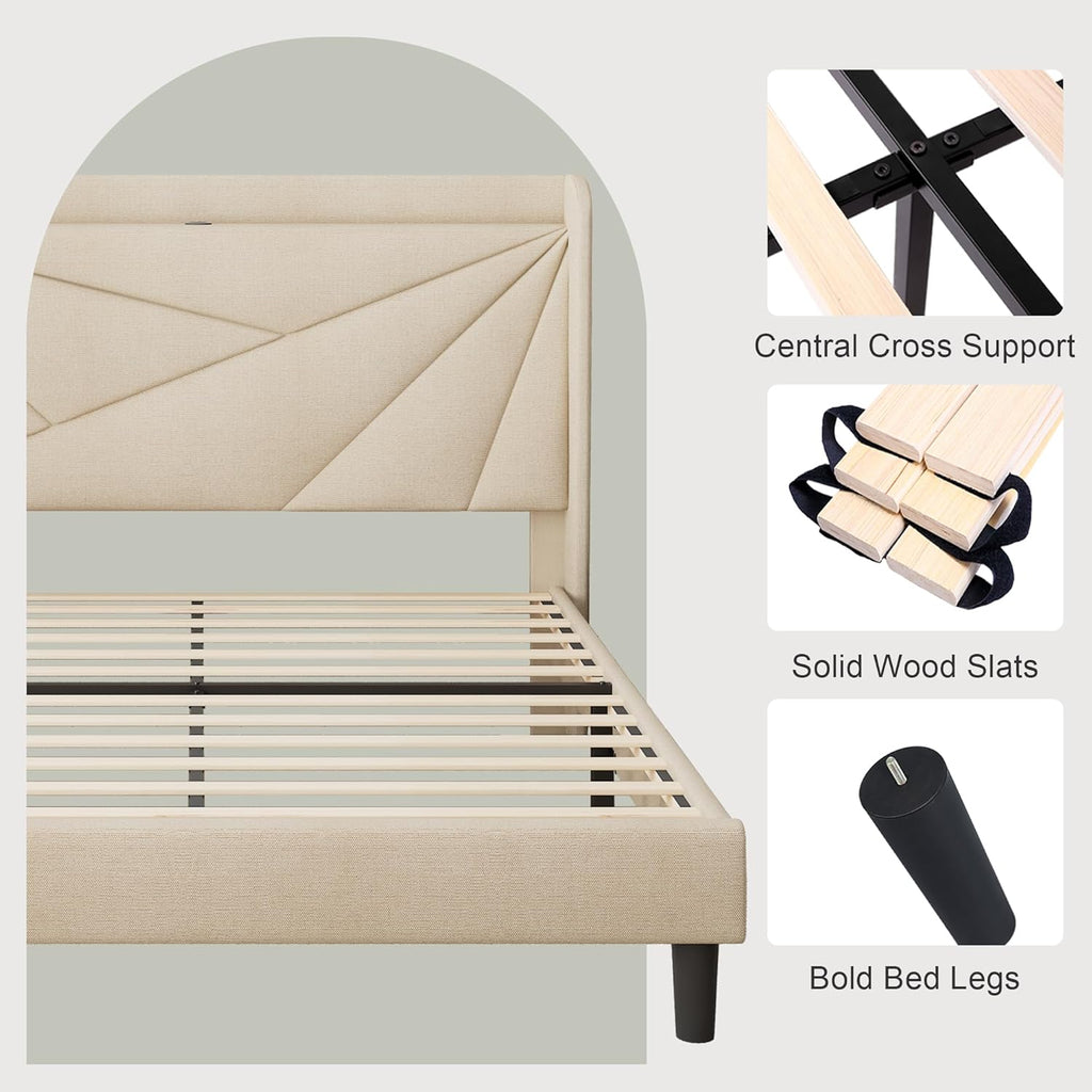 Feonase King Size Bed Frame, Modern Bed Frame with Charging Station