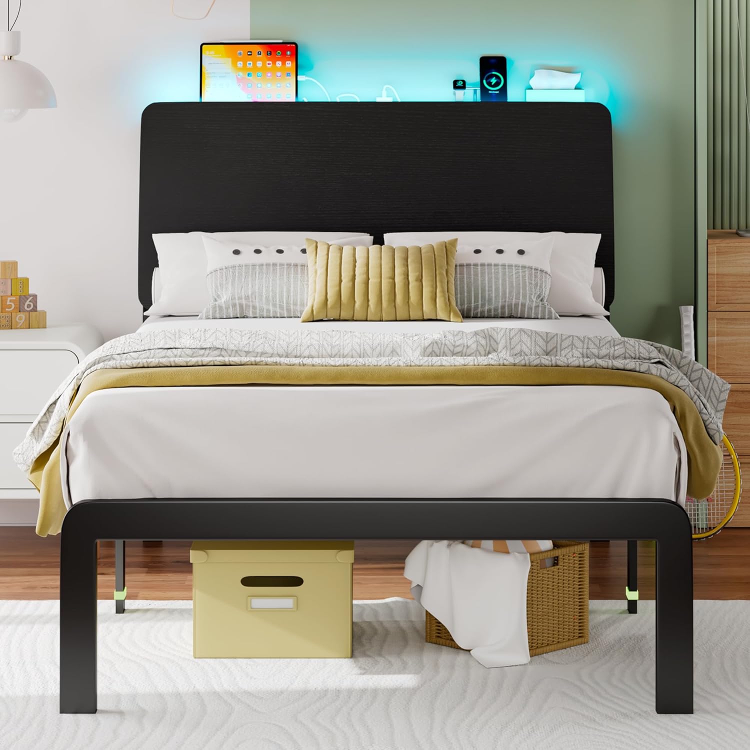 Feonase Bed Frame with Ergonomic Storage Headboard & Charging Station