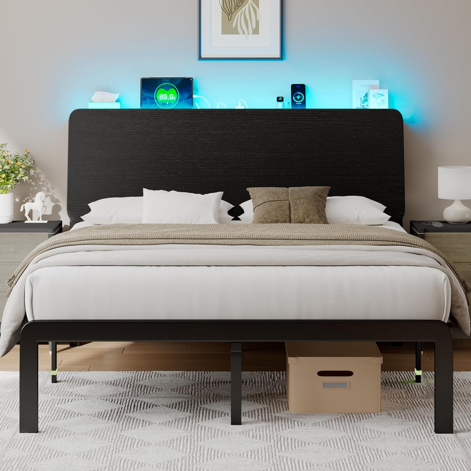 Feonase Bed Frame with Ergonomic Storage Headboard & Charging Station