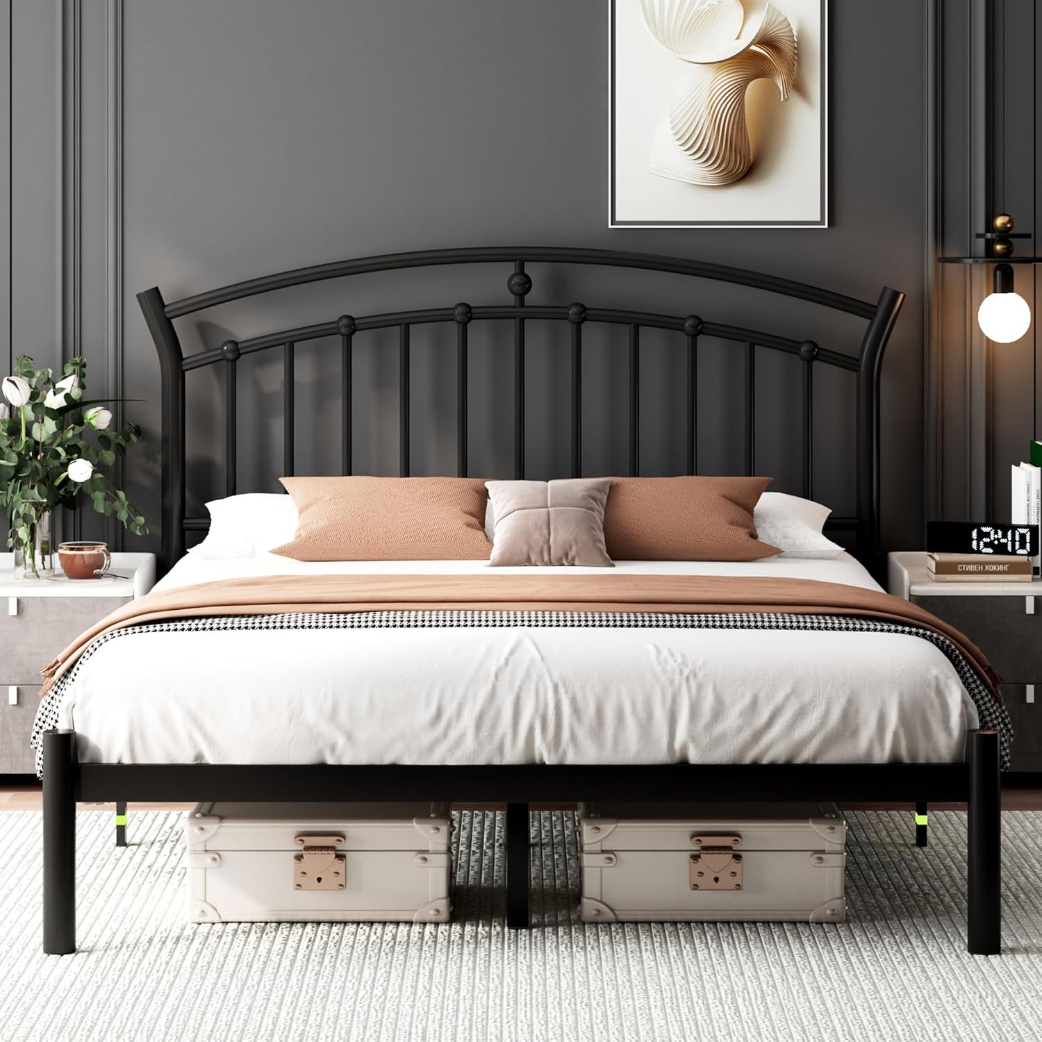 Feonase Metal Bed Frame with Retro Headboard