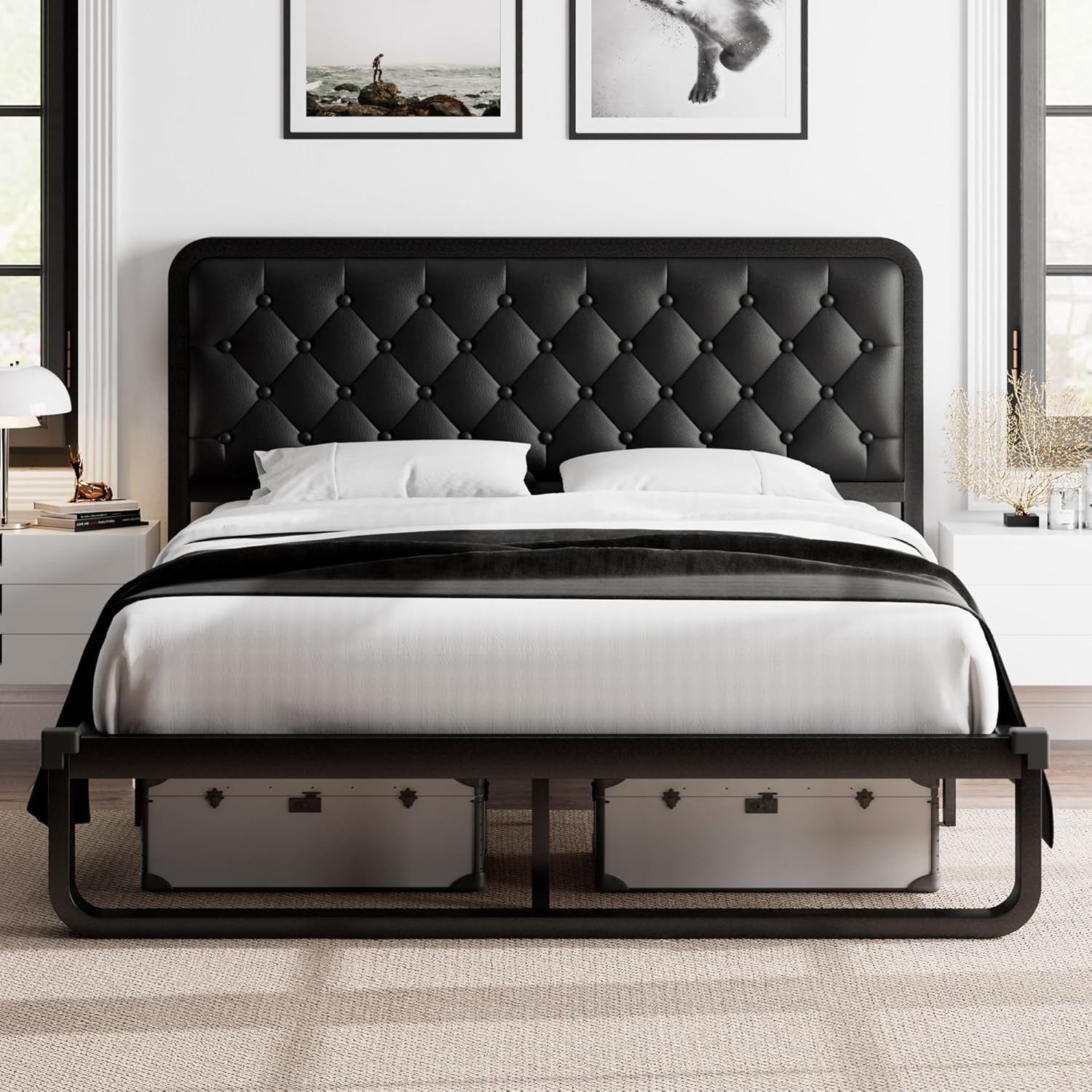 Feonase Upholstered Platform Bed Frame with Heavy-Duty Metal Steel Slats