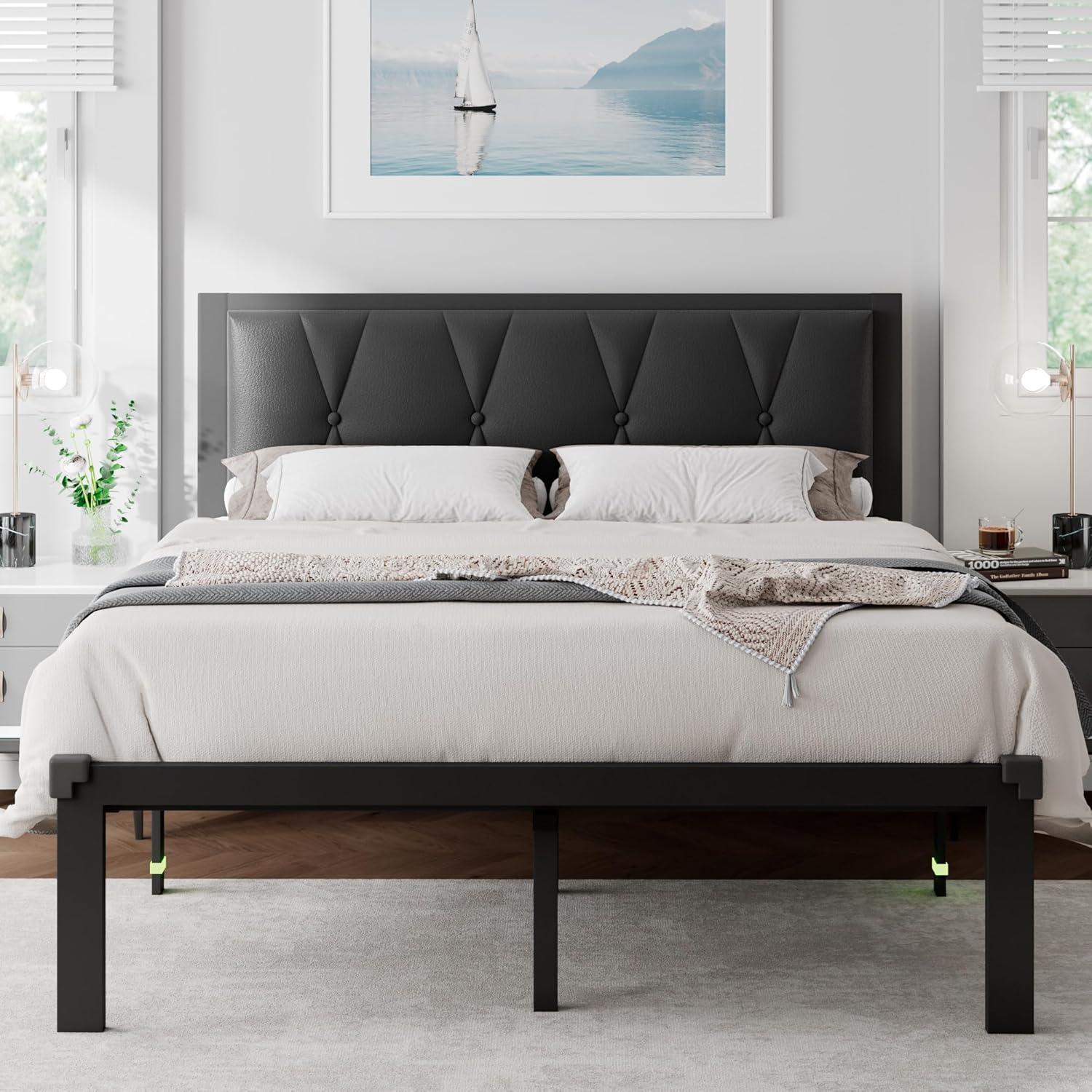 Feonase Metal Bed Frame with Fabric Button Tufted Headboard