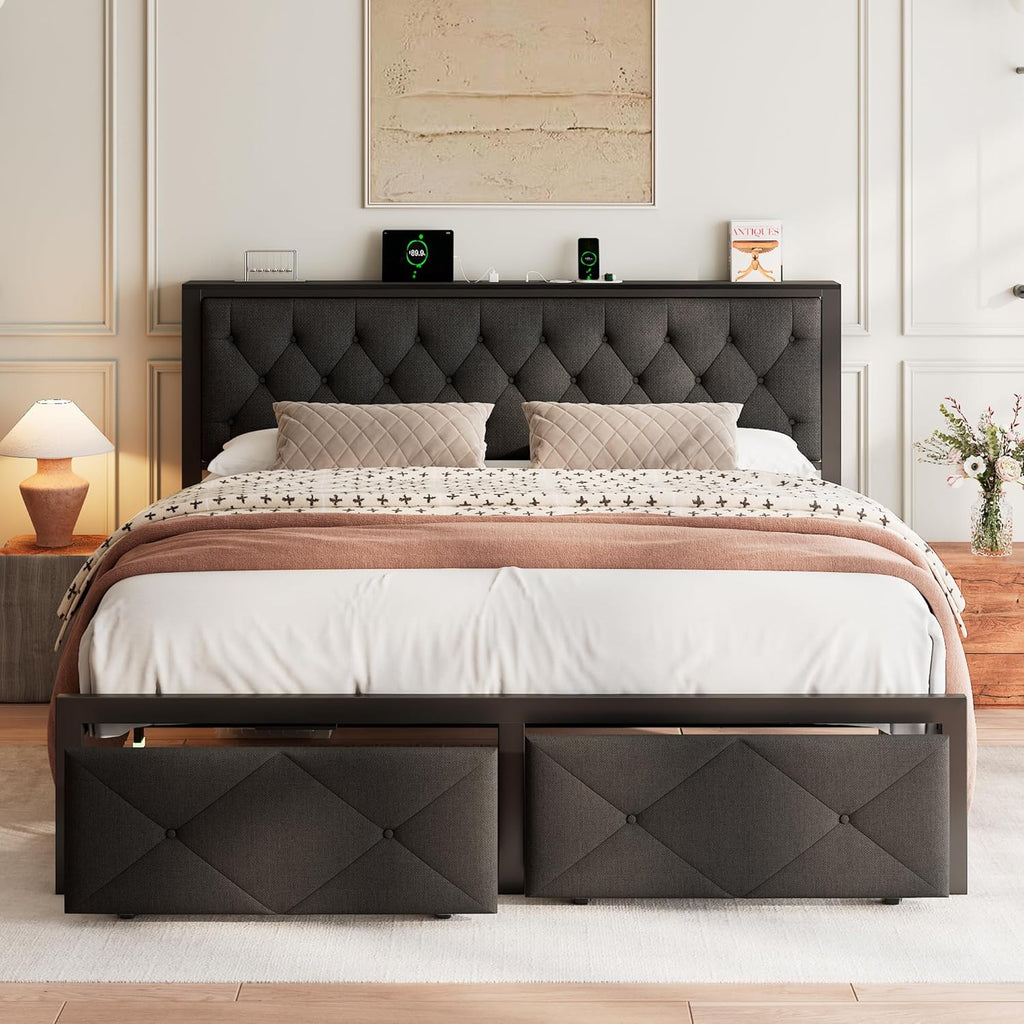 Feonase Metal Bed Frame with 2 Storage Drawers