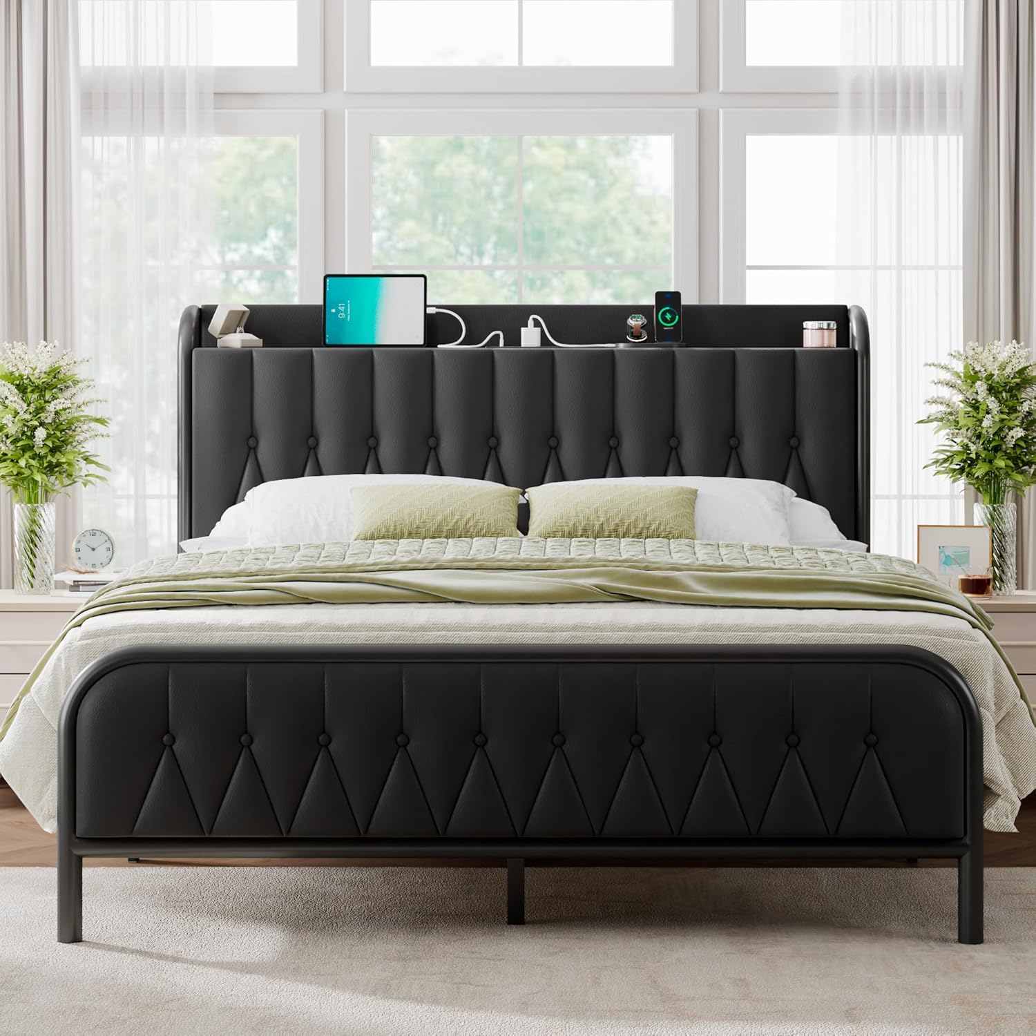 Feonase Leather Bed Frame with Fast Charging Station