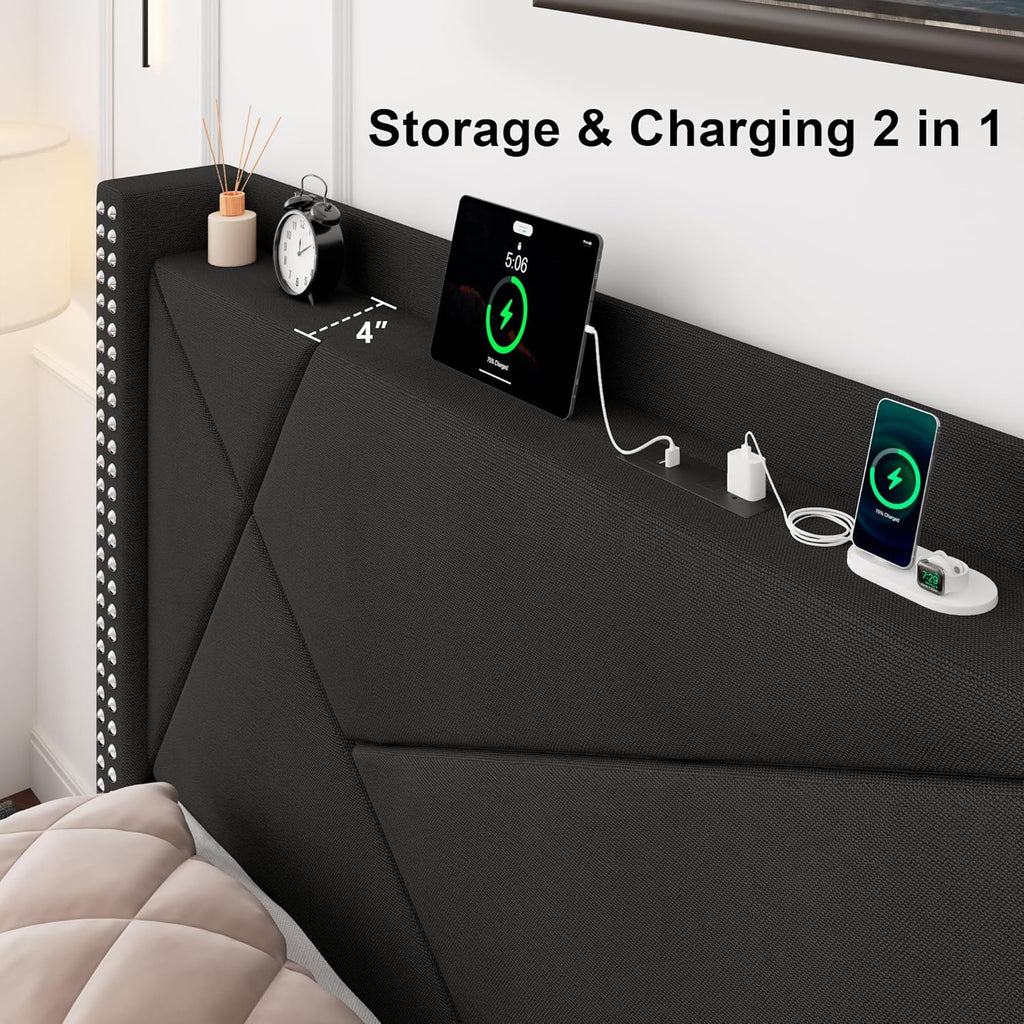 Feonase Platform Bed Frame with 4 Storage Drawers and Charging Station