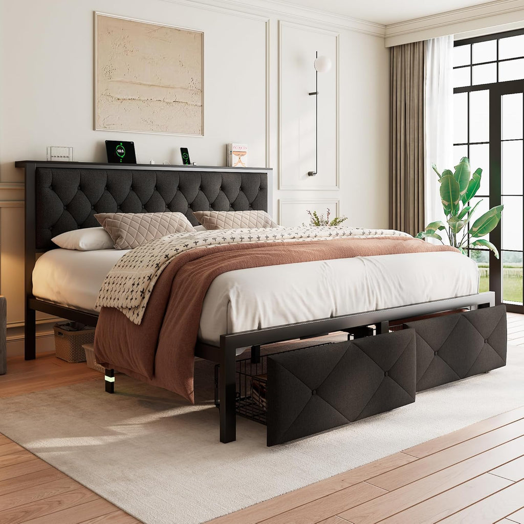 Feonase Metal Bed Frame with 2 Storage Drawers