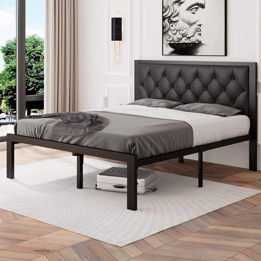 Feonase Metal Bed Frame Heavy-Duty Platform Bed Frame with Linen Upholstered Headboard