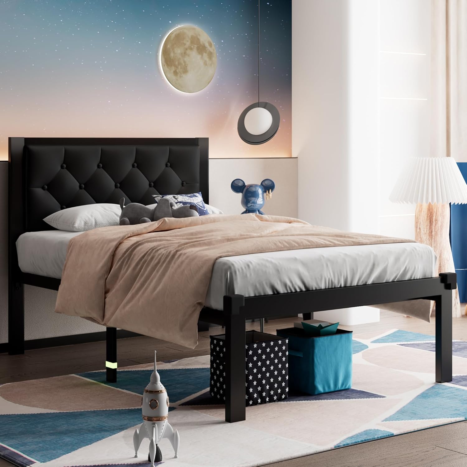 Feonase Metal Bed Frame with Linen Upholstered Headboard