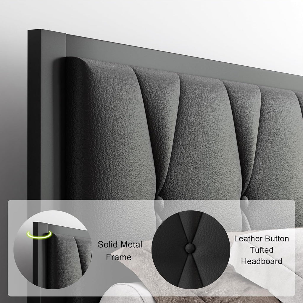 Feonase Metal Bed Frame with Fabric Button Tufted Headboard