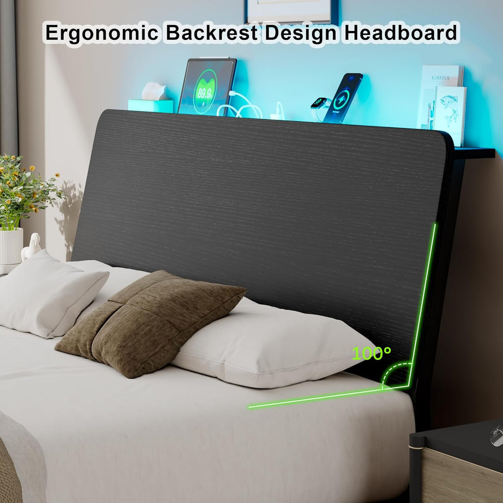 Feonase Bed Frame with Ergonomic Storage Headboard & Charging Station
