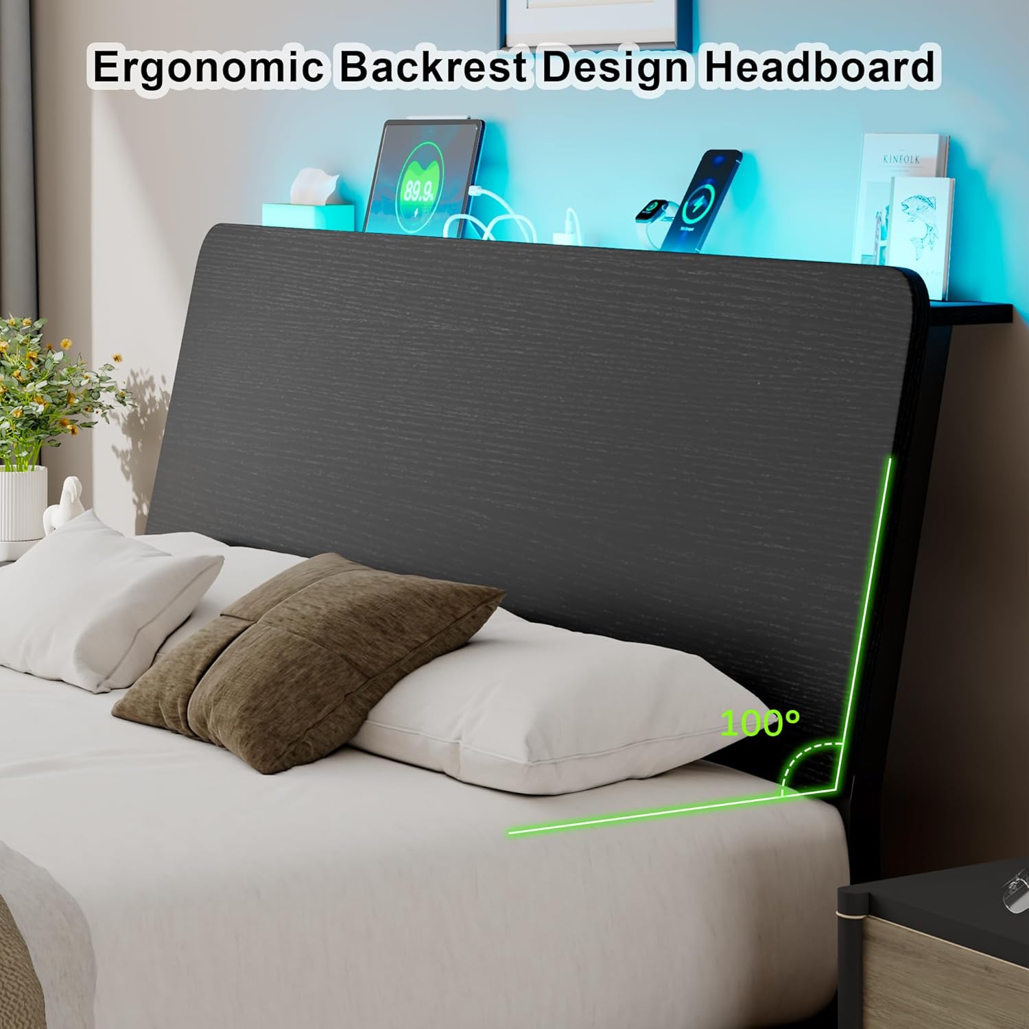 Feonase Bed Frame with Ergonomic Storage Headboard & Charging Station