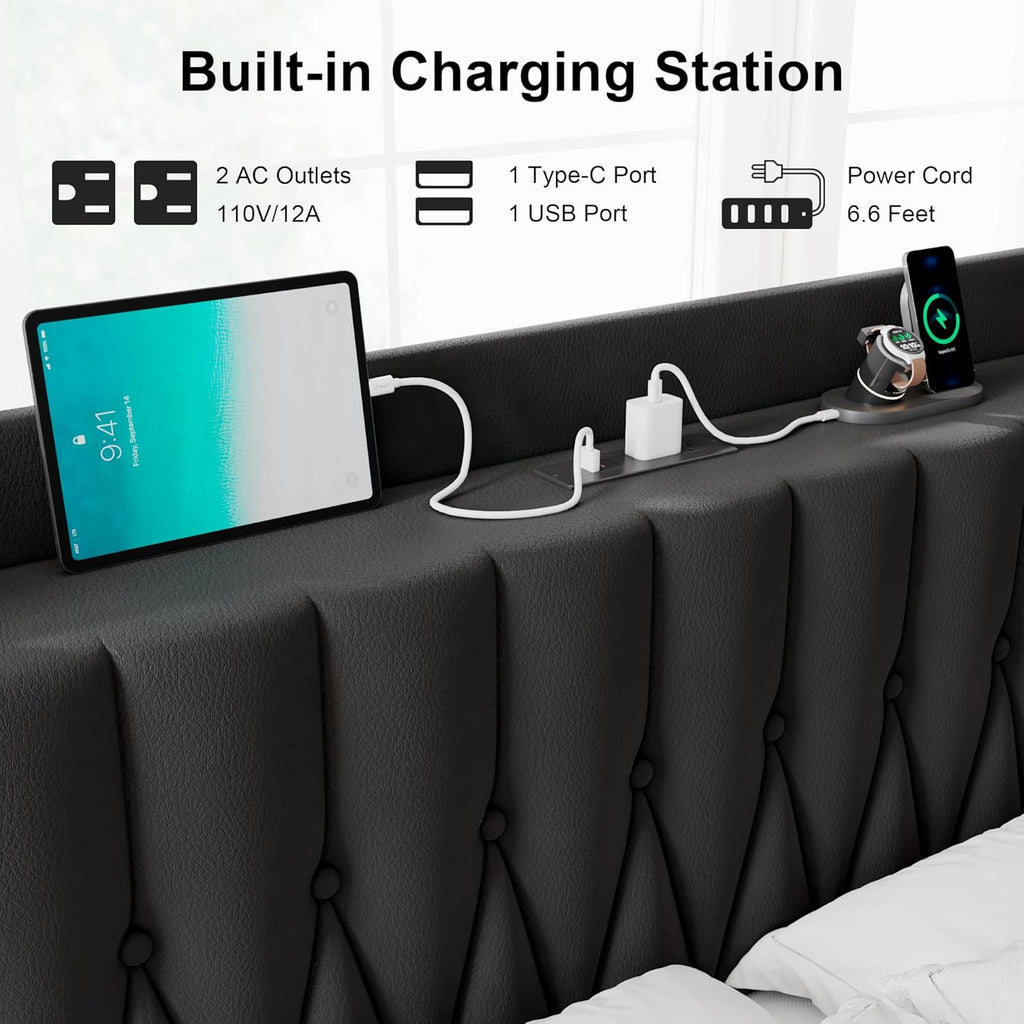 Feonase Leather Bed Frame with Fast Charging Station