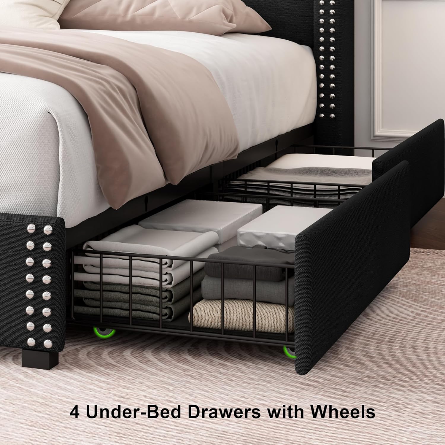 Feonase Platform Bed Frame with 4 Storage Drawers and Charging Station