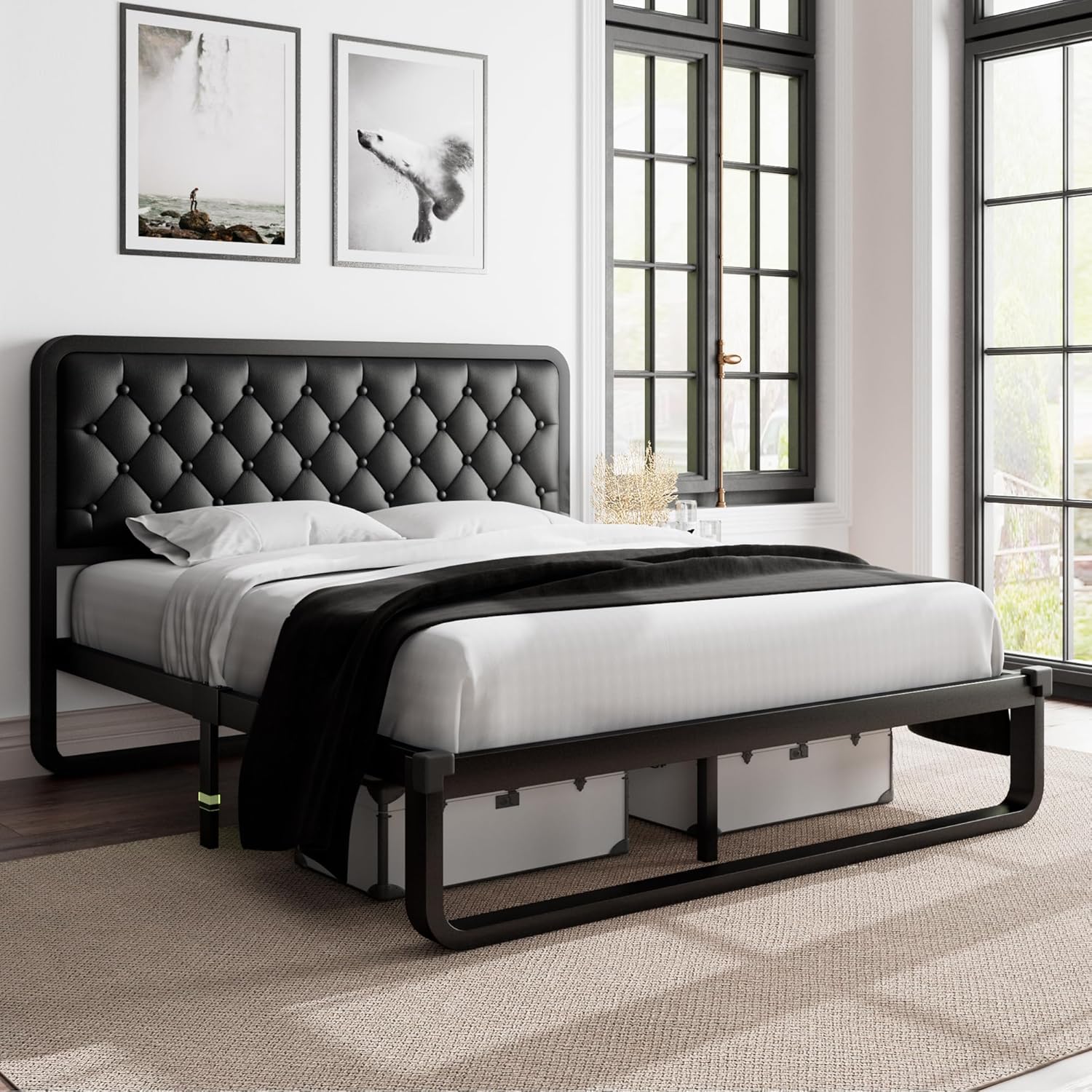 Feonase Upholstered Platform Bed Frame with Heavy-Duty Metal Steel Slats