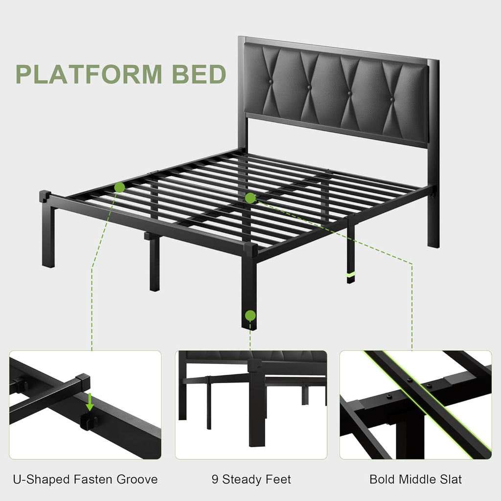 Feonase Metal Bed Frame with Fabric Button Tufted Headboard