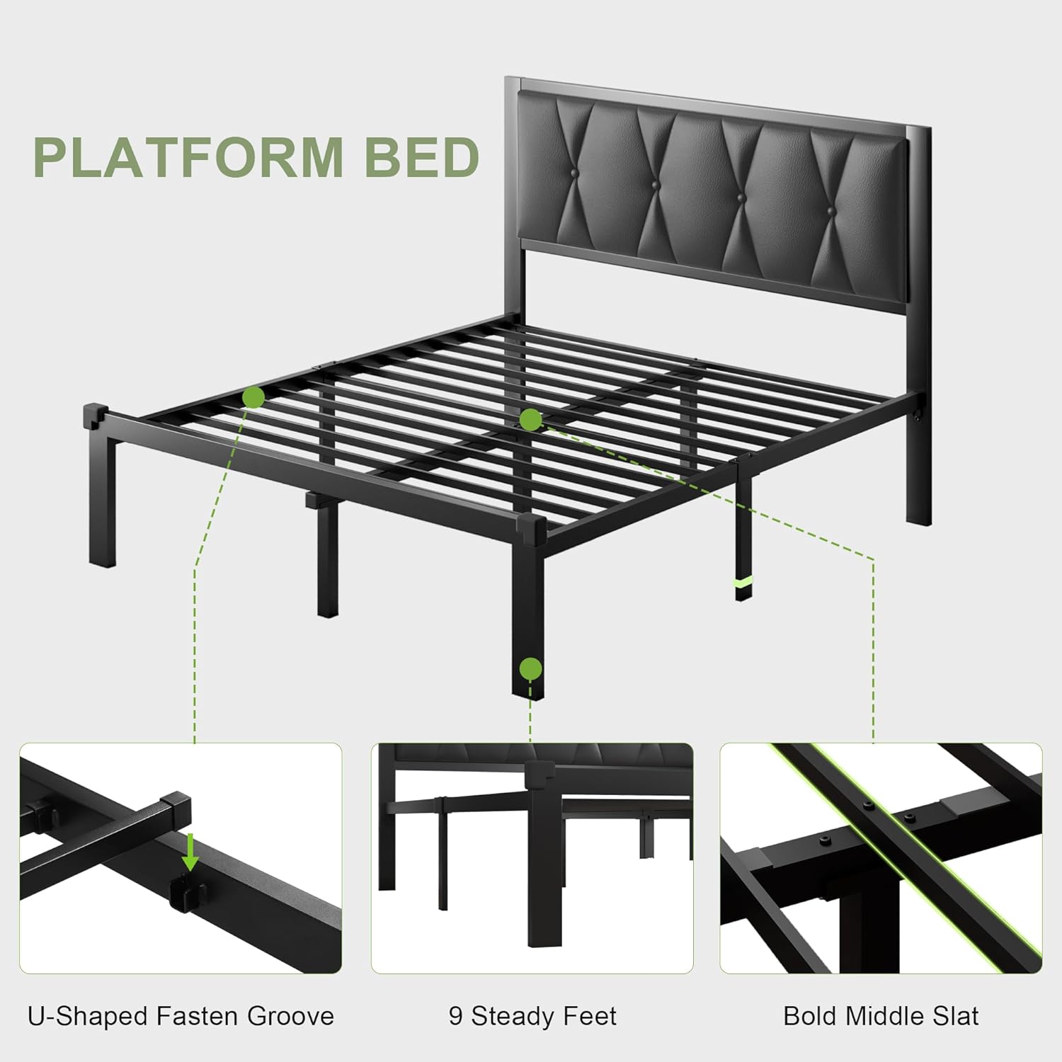 Feonase Metal Bed Frame with Fabric Button Tufted Headboard