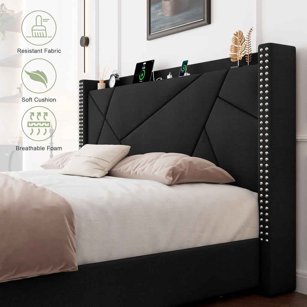 Feonase Platform Bed Frame with 4 Storage Drawers and Charging Station