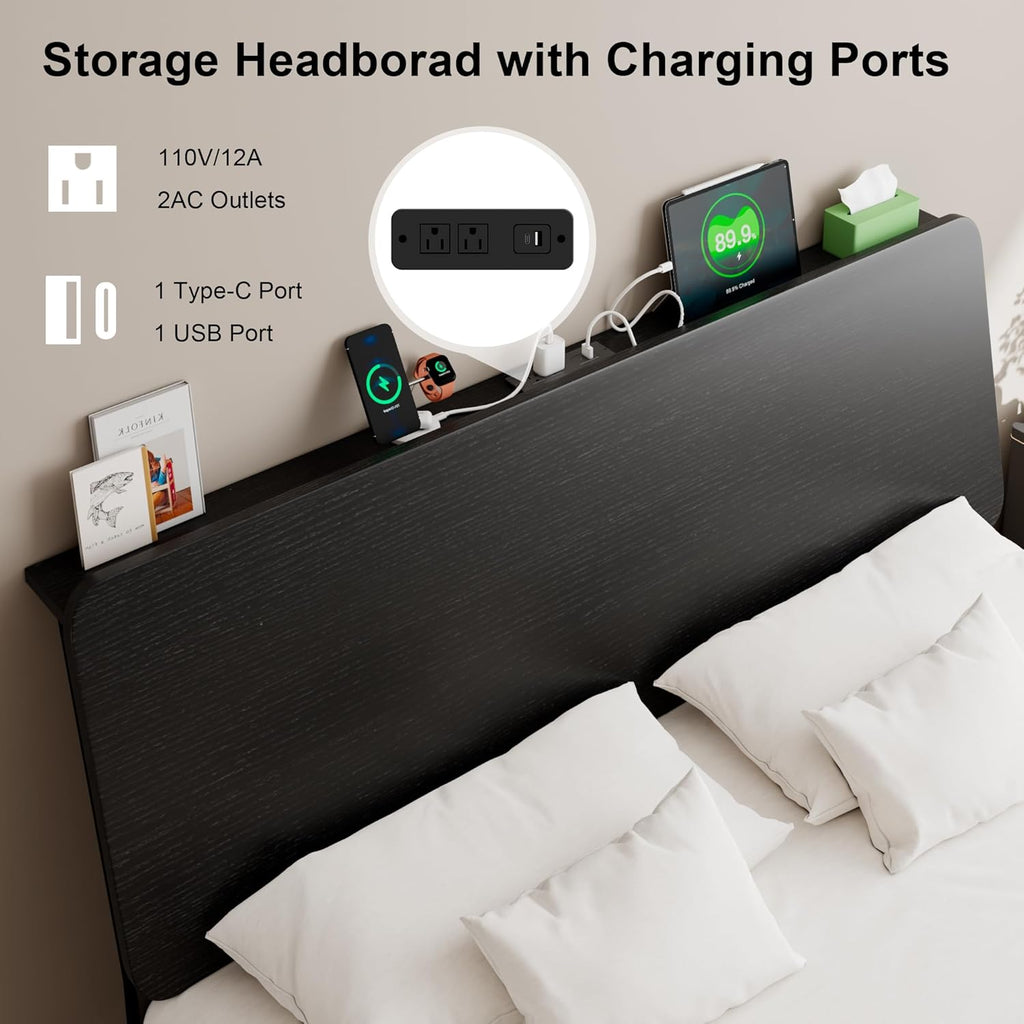 Feonase Bed Frame with Ergonomic Storage Headboard & Charging Station