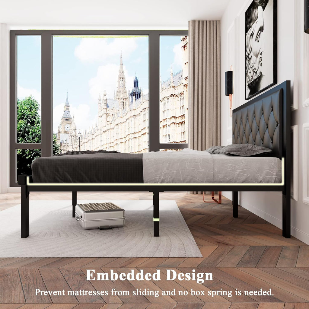 Feonase Metal Bed Frame Heavy-Duty Platform Bed Frame with Linen Upholstered Headboard