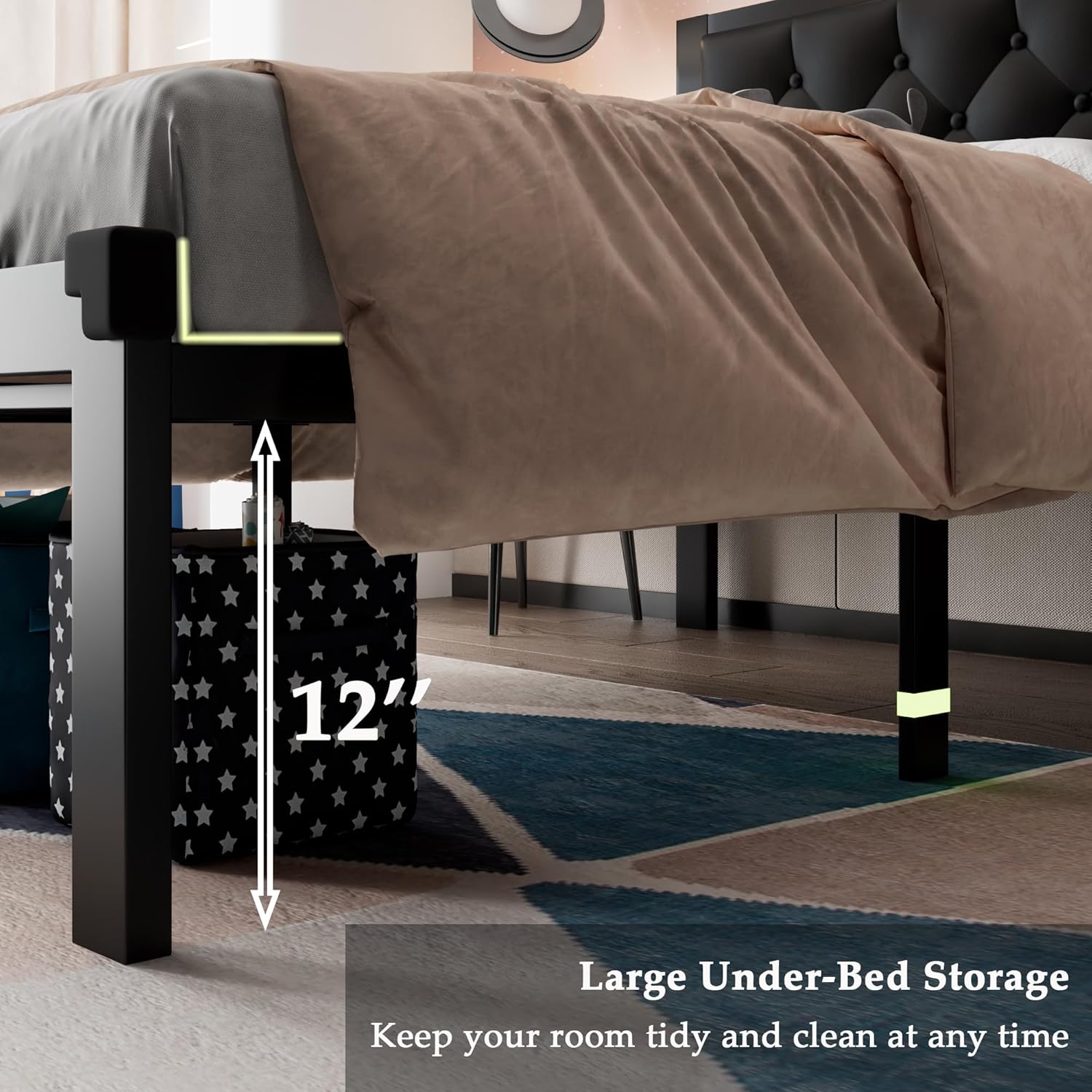 Feonase Metal Bed Frame with Linen Upholstered Headboard