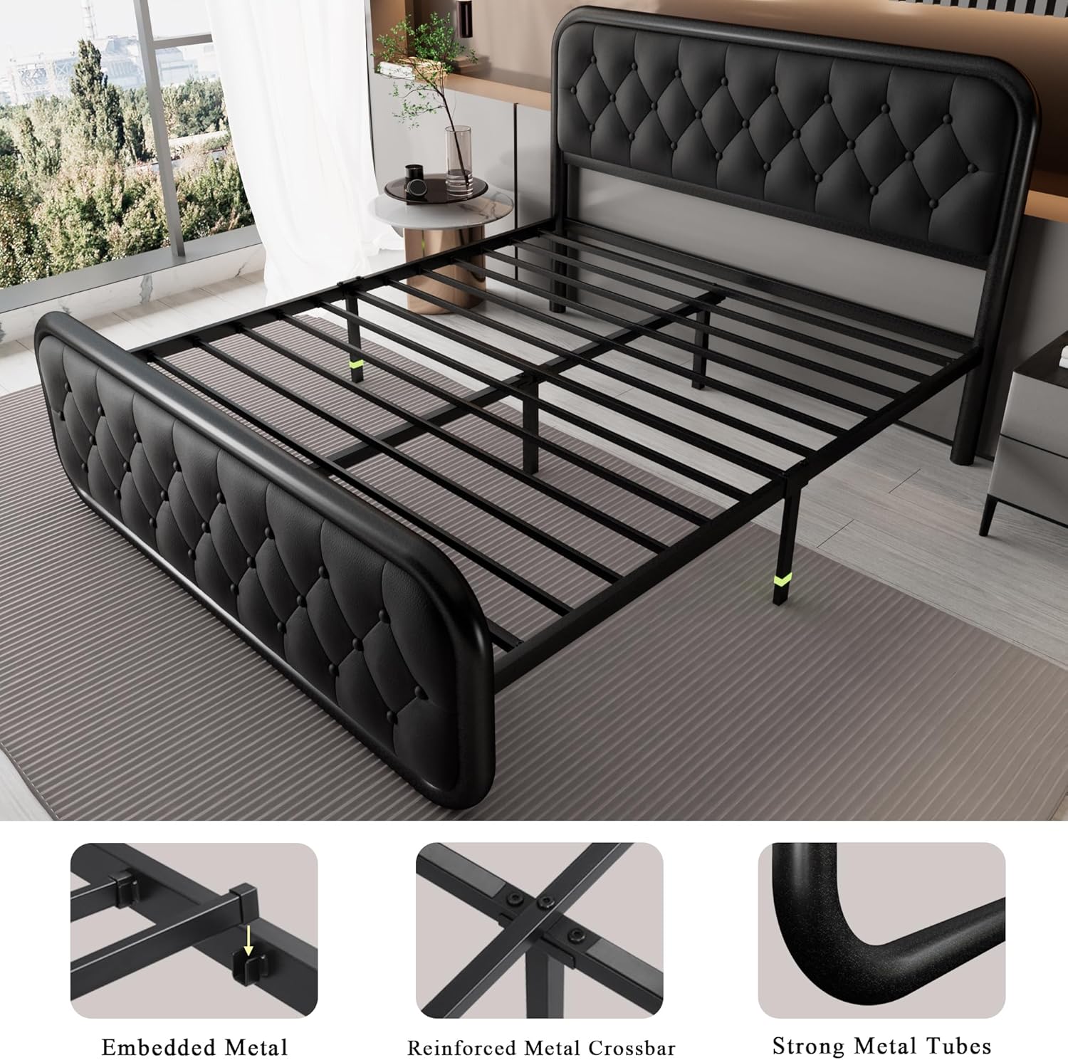 Feonase Upholstered Bed Frame with Faux Leather Headboard