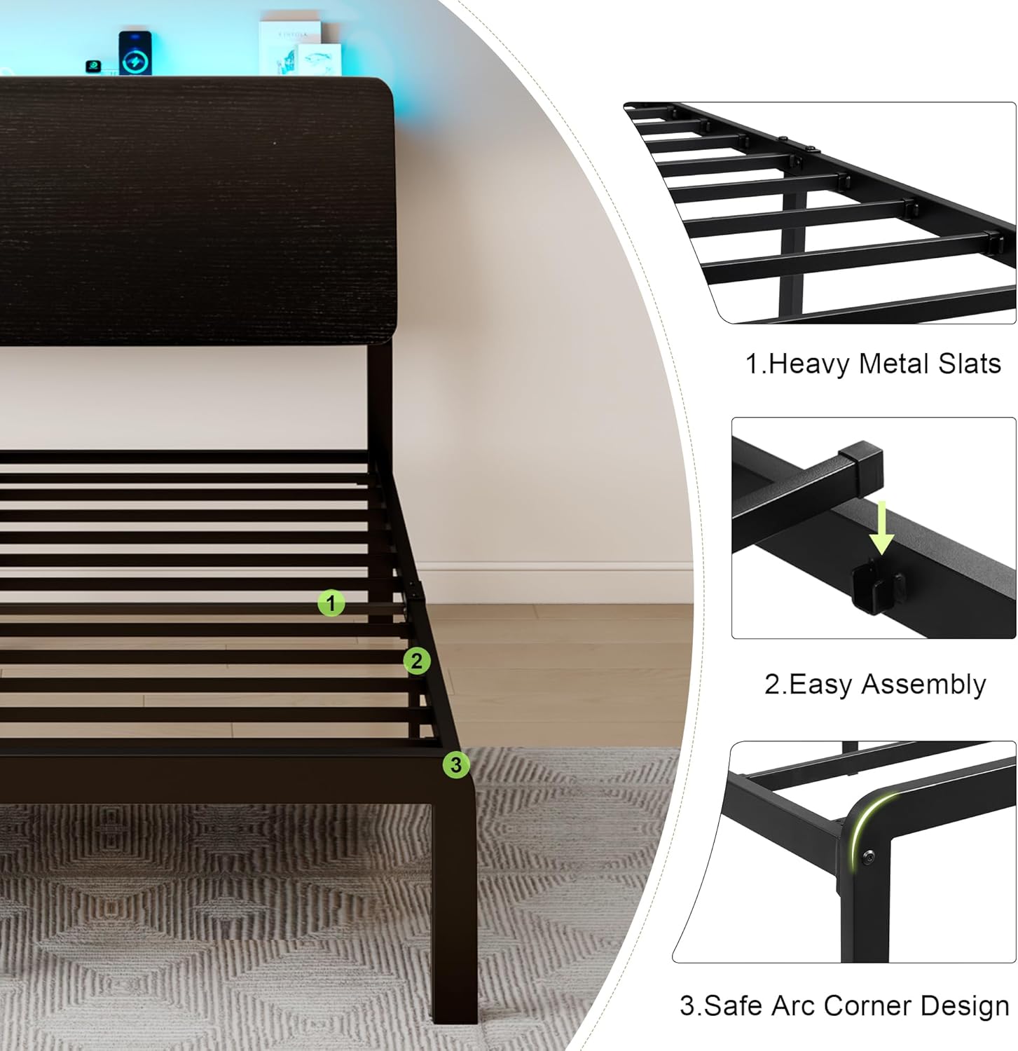 Feonase Bed Frame with Ergonomic Storage Headboard & Charging Station