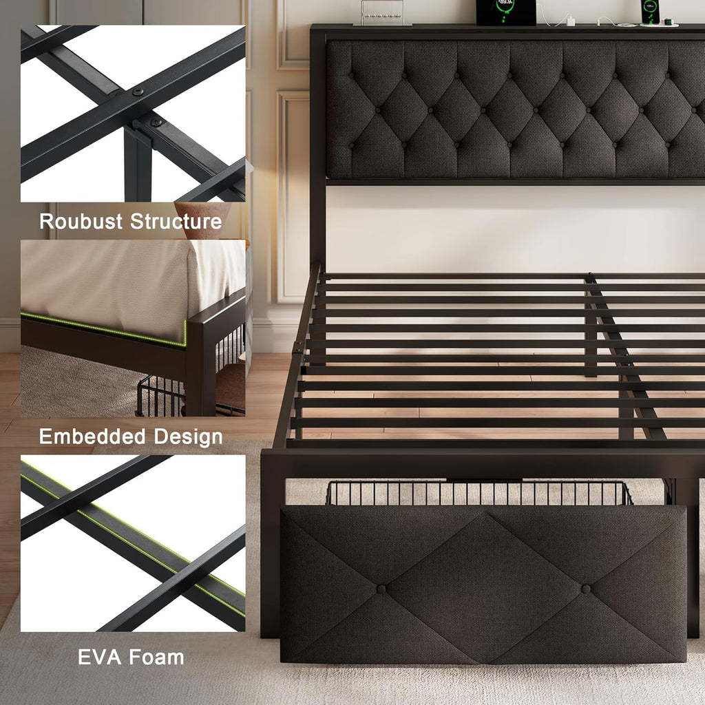 Feonase Metal Bed Frame with 2 Storage Drawers