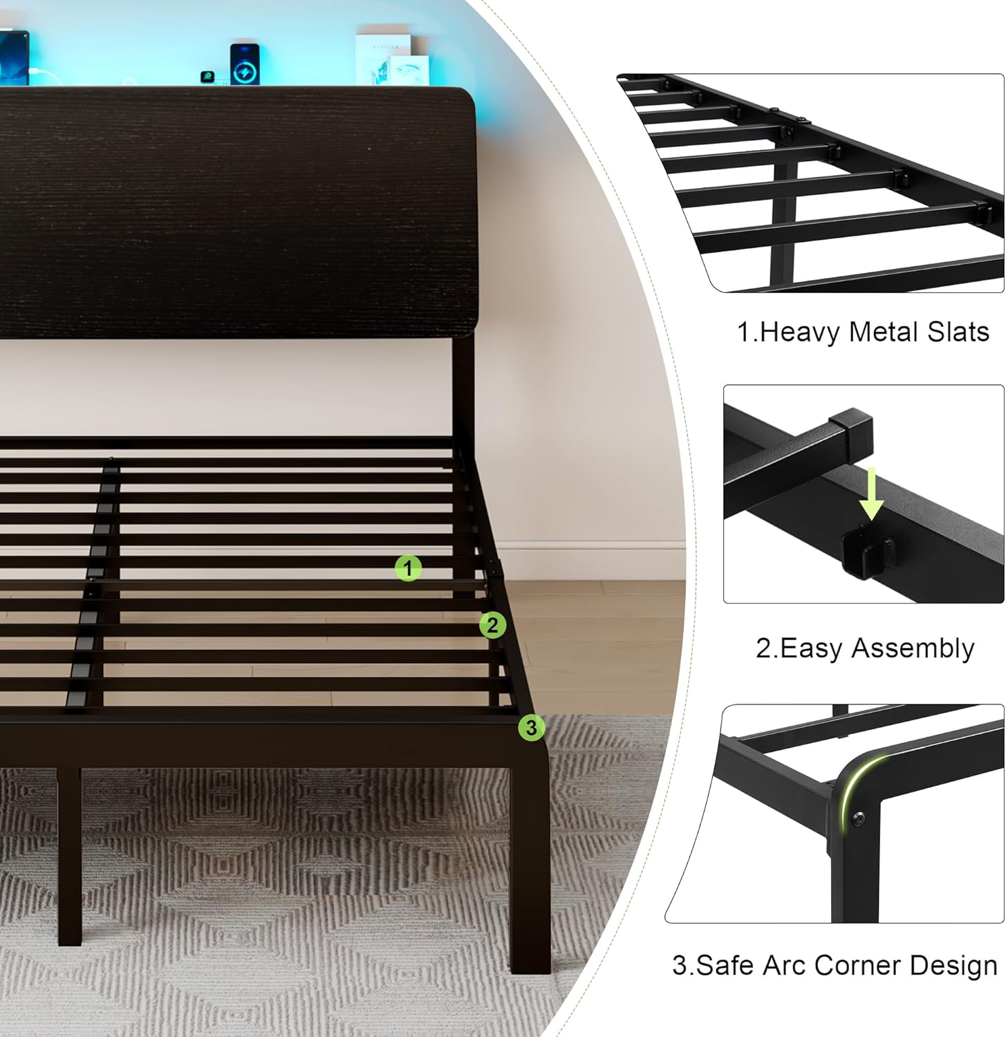 Feonase Bed Frame with Ergonomic Storage Headboard & Charging Station
