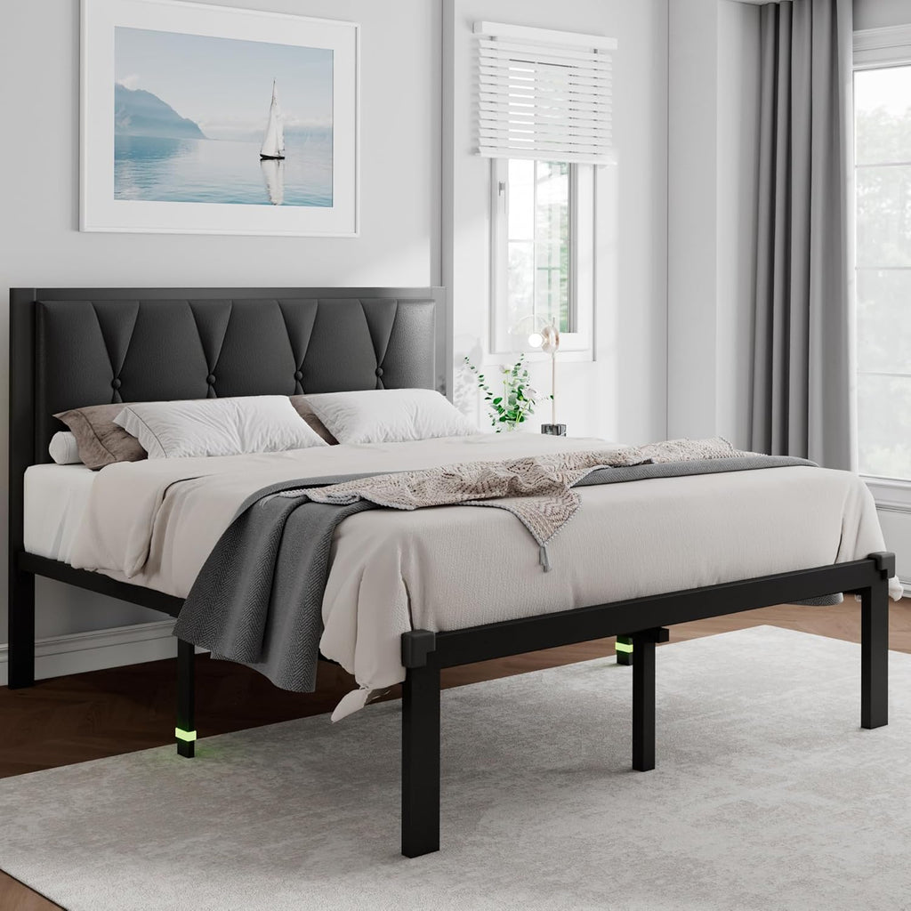 Feonase Metal Bed Frame with Fabric Button Tufted Headboard