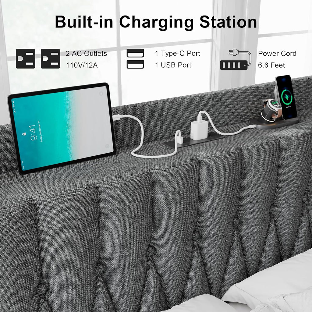 Feonase Leather Bed Frame with Fast Charging Station