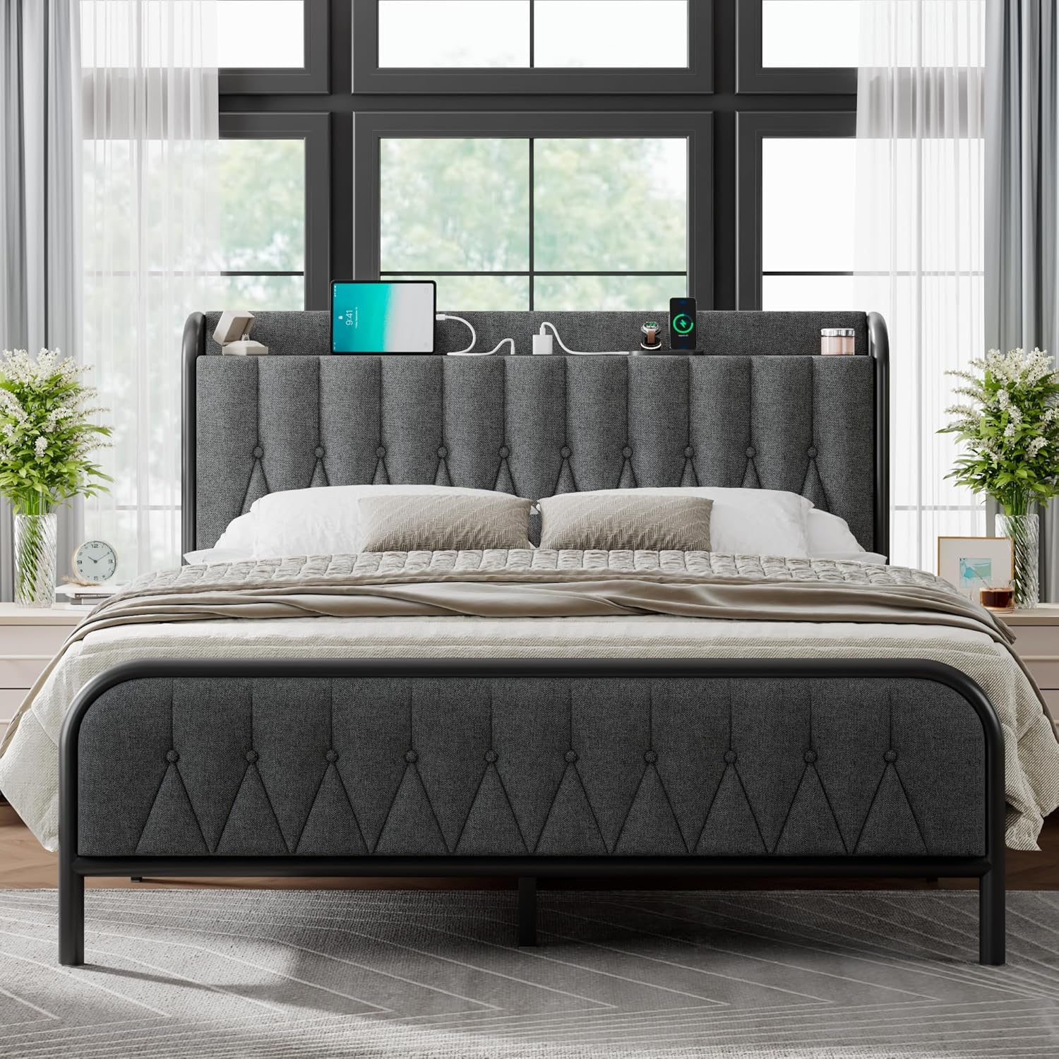 Feonase Leather Bed Frame with Fast Charging Station