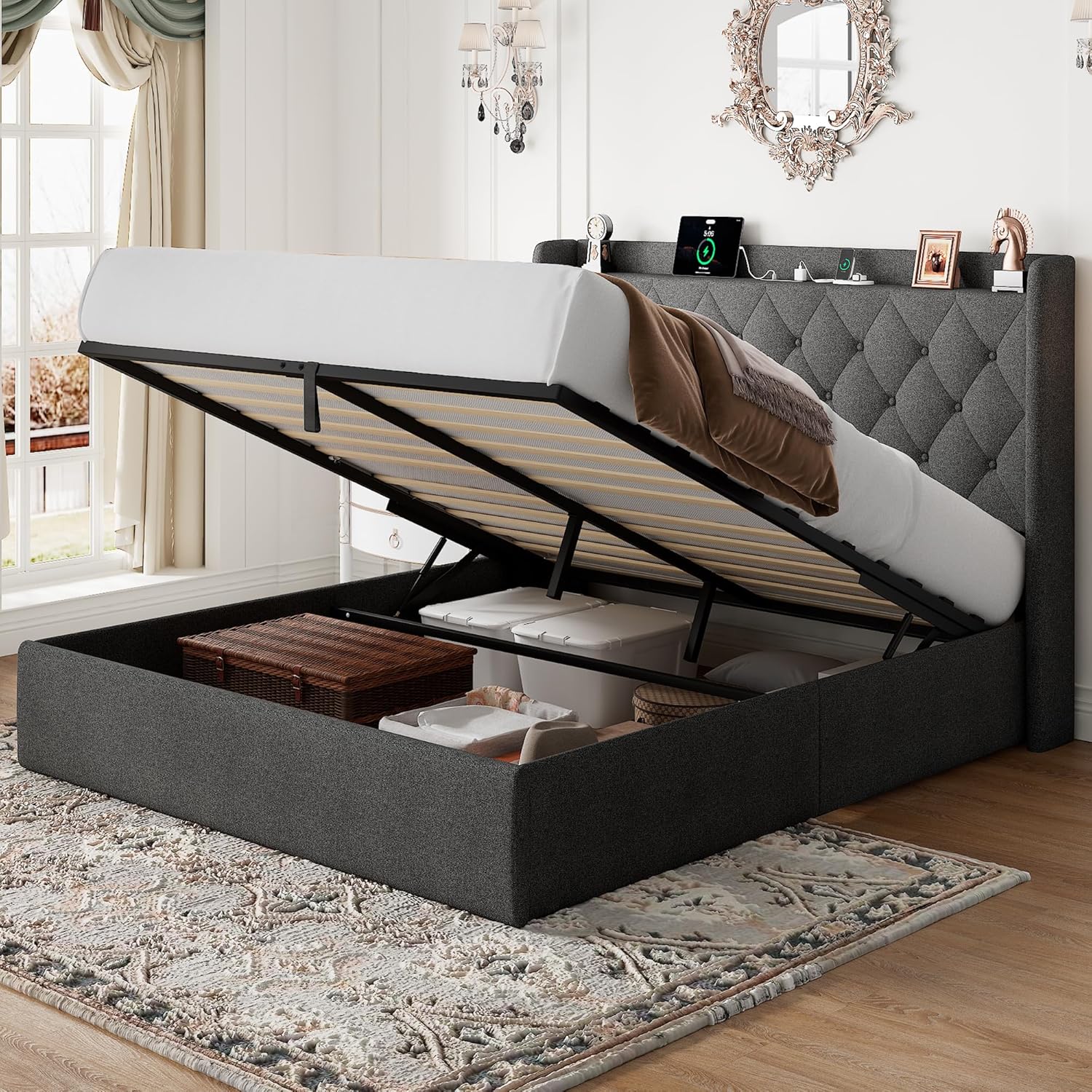 Feonase Lift Up Storage Bed Frame with Charging Station