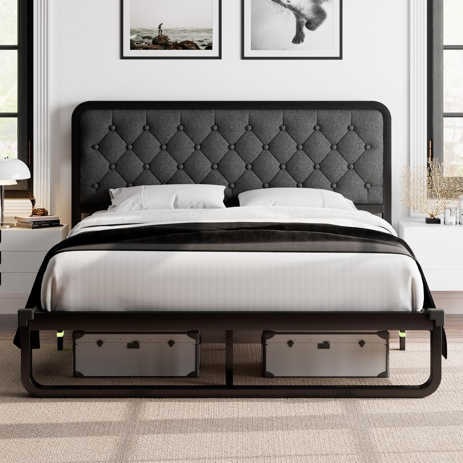 Feonase Upholstered Platform Bed Frame with Heavy-Duty Metal Steel Slats