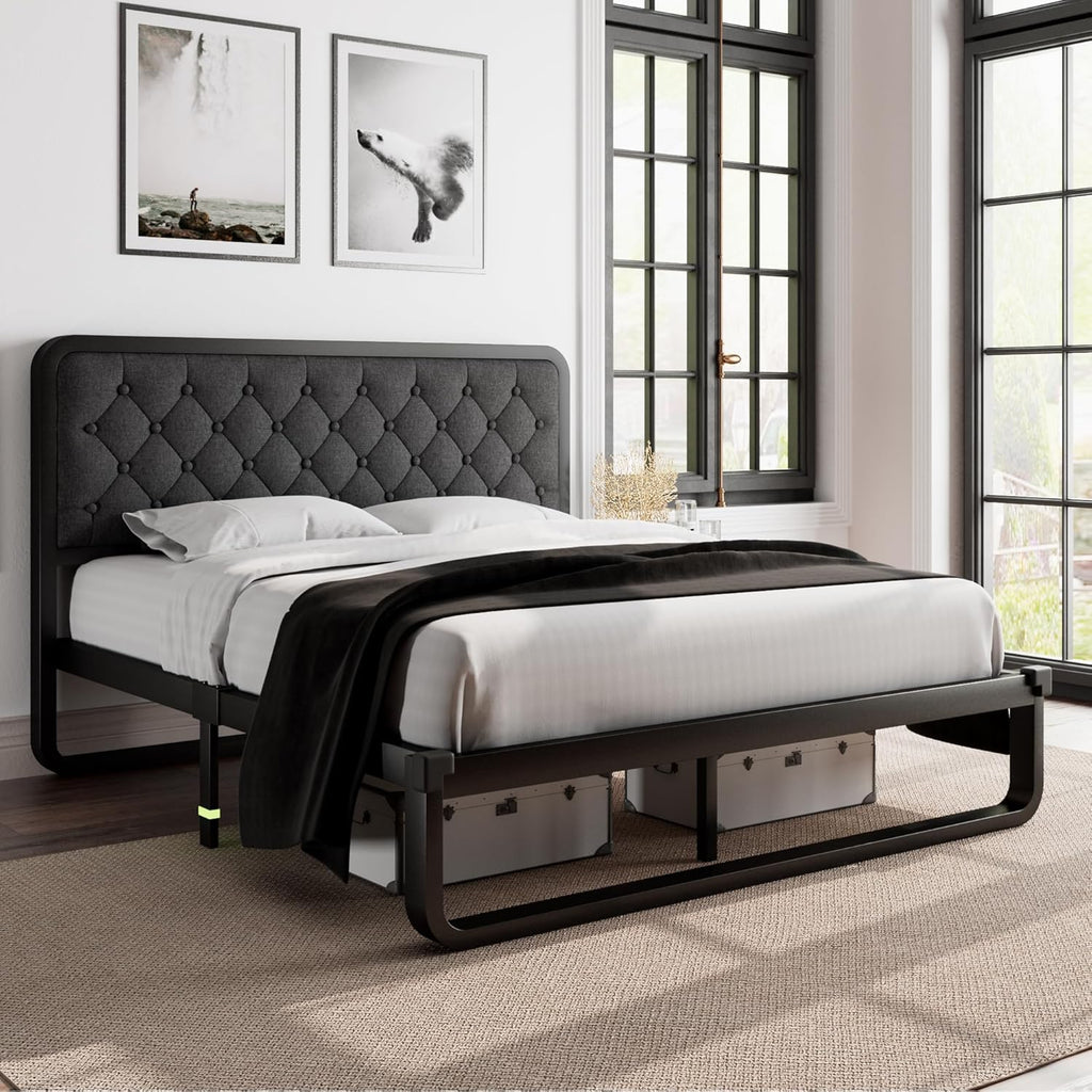 Feonase Upholstered Platform Bed Frame with Heavy-Duty Metal Steel Slats